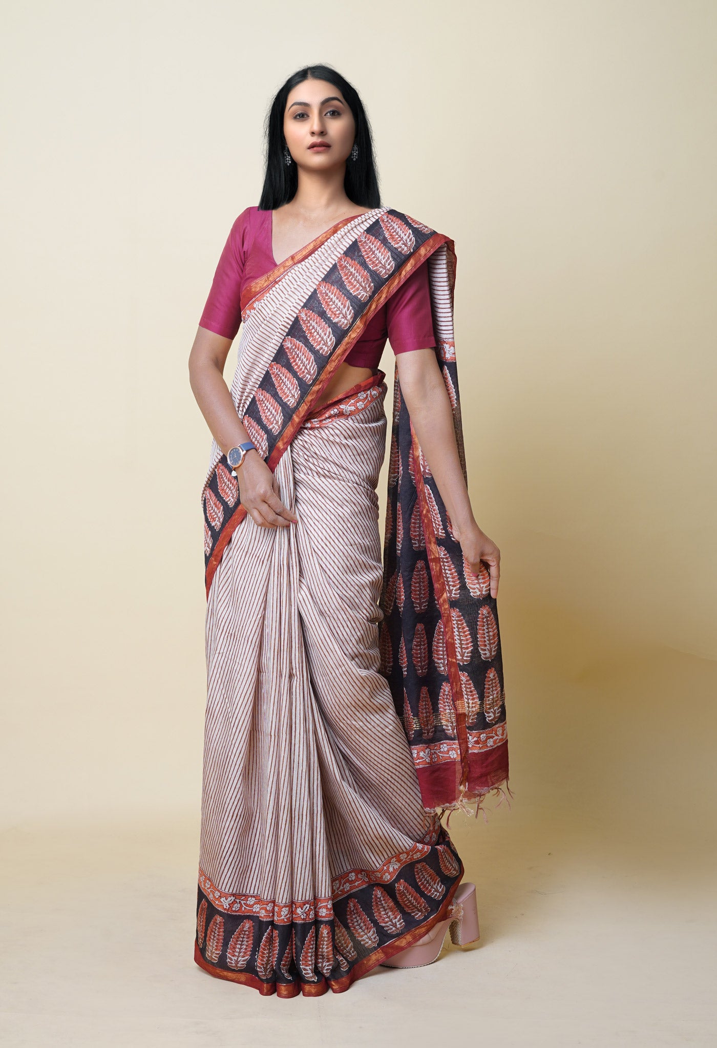 Beige Pure Traditional Bagru Printed Pashmina Chanderi Sico Saree