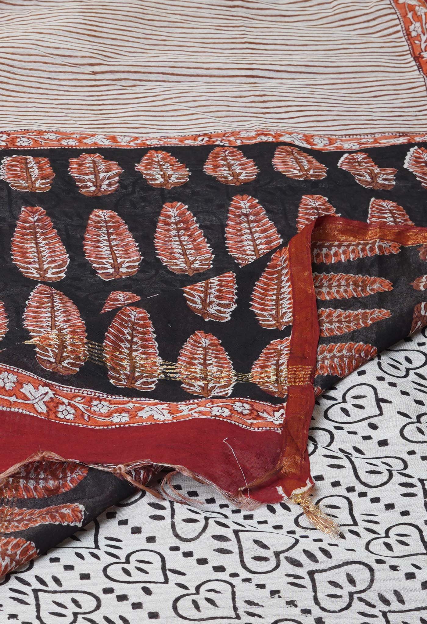 Beige Pure Traditional Bagru Printed Pashmina Chanderi Sico Saree