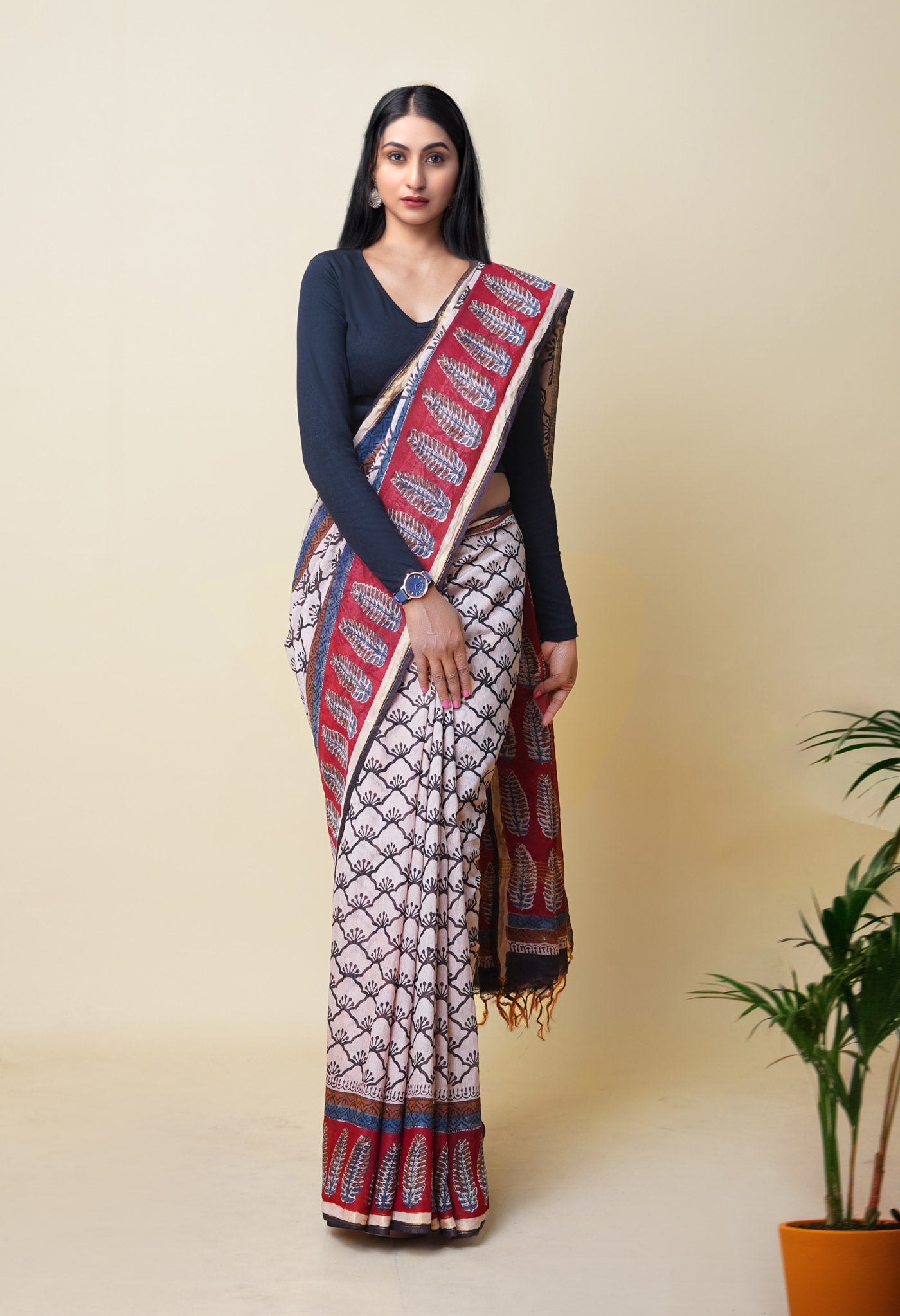 Beige Pure Traditional Bagru Printed Pashmina Chanderi Sico Saree