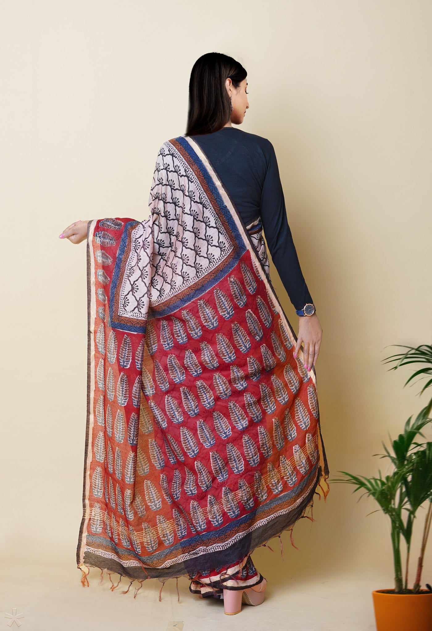 Beige Pure Traditional Bagru Printed Pashmina Chanderi Sico Saree