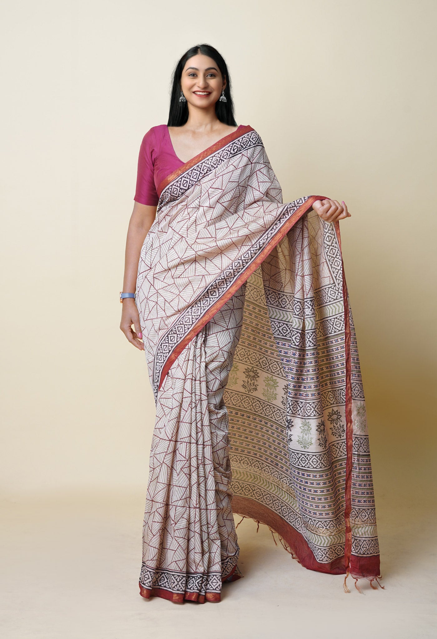 Ivory Pure Traditional Bagru Printed Pashmina Chanderi Sico Saree