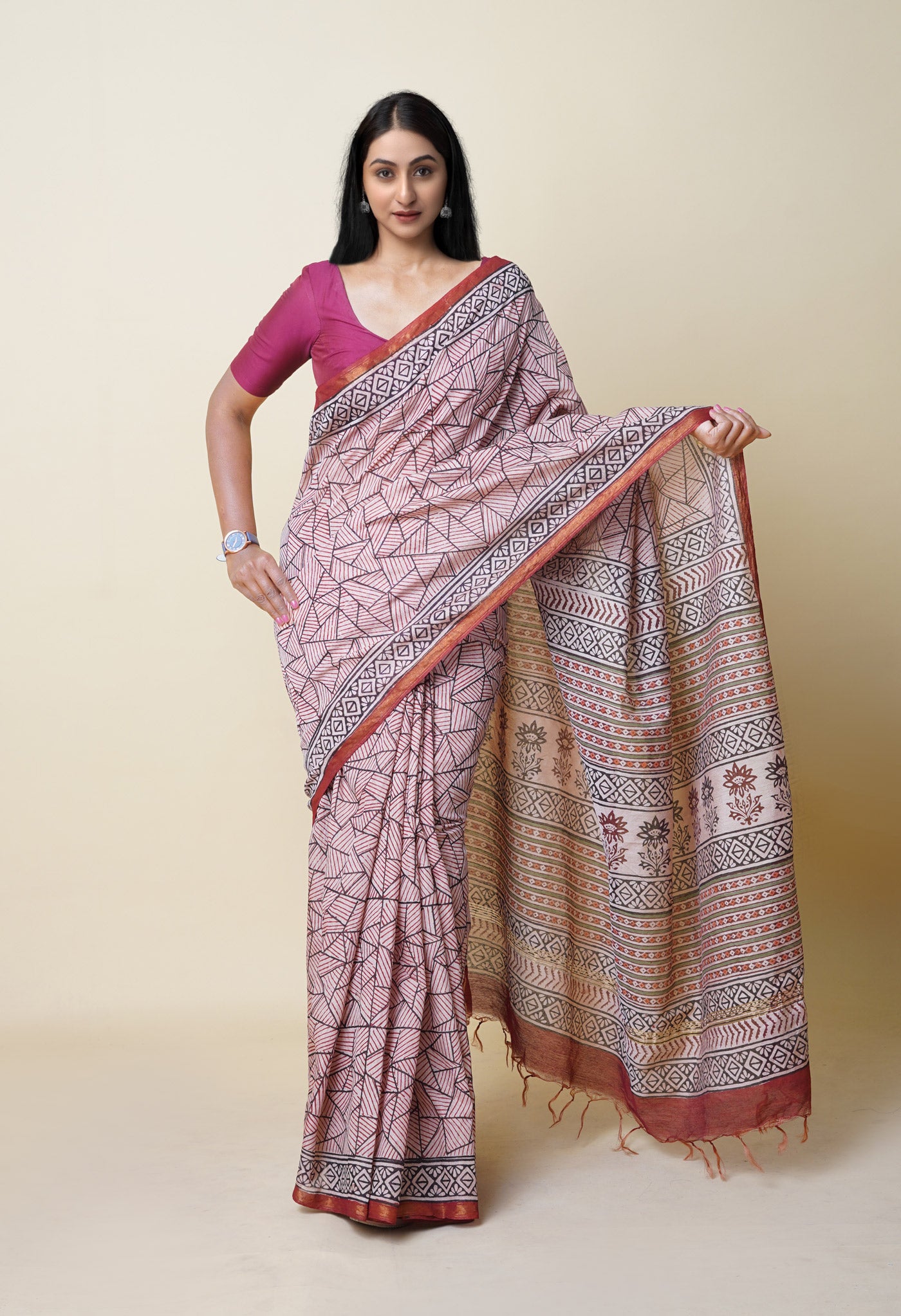 Beige Pure Traditional Bagru Printed Pashmina Chanderi Sico Saree