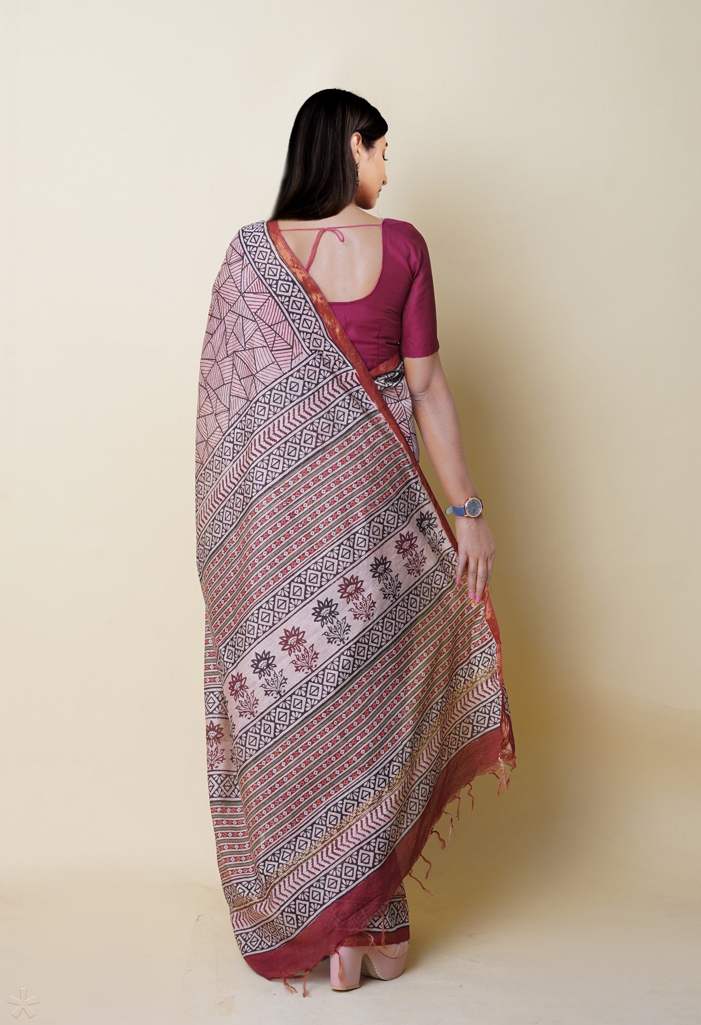 Beige Pure Traditional Bagru Printed Pashmina Chanderi Sico Saree