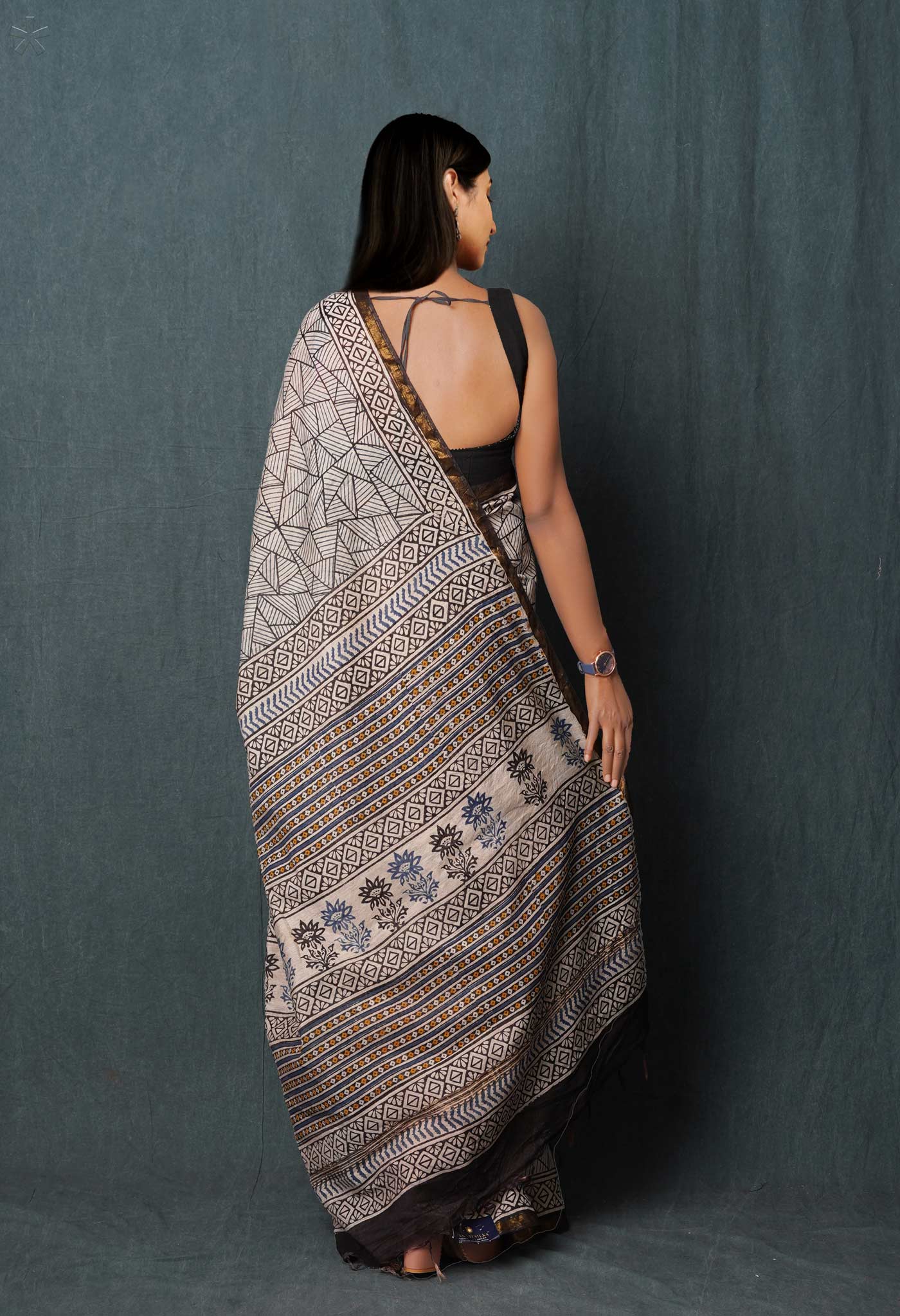White Pure Traditional Bagru Printed Pashmina Chanderi Sico Saree