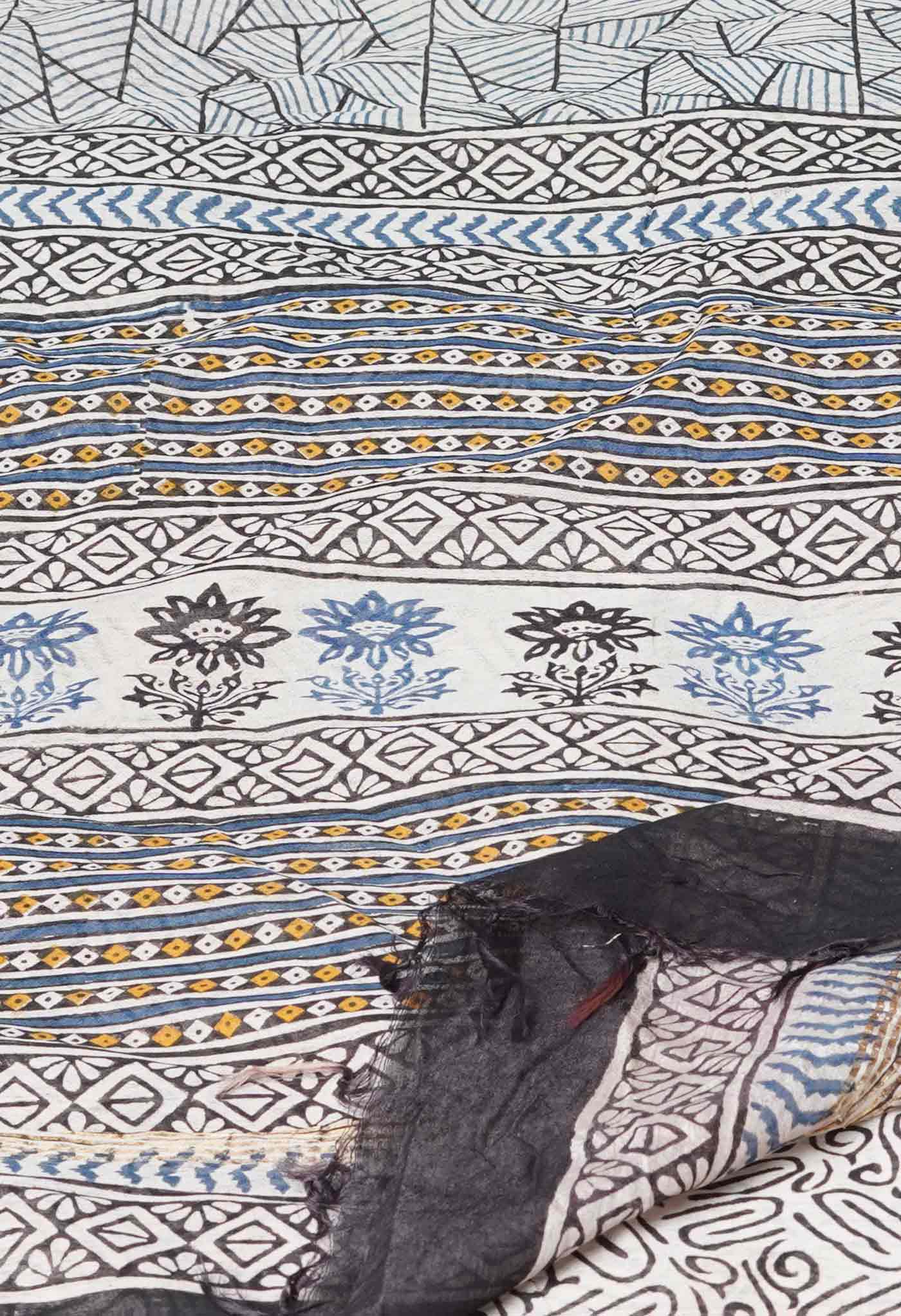 White Pure Traditional Bagru Printed Pashmina Chanderi Sico Saree