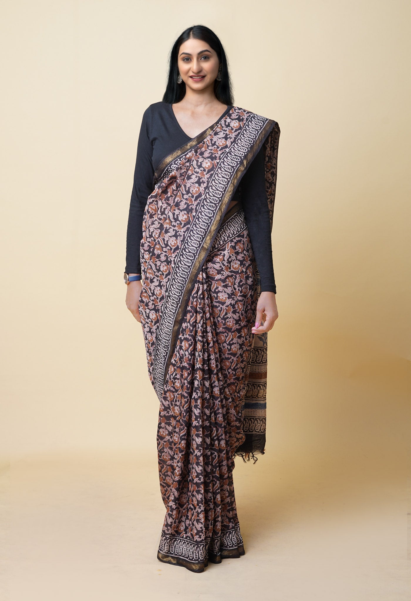 Black Pure Bagru Printed Pashmina Chanderi Sico Saree