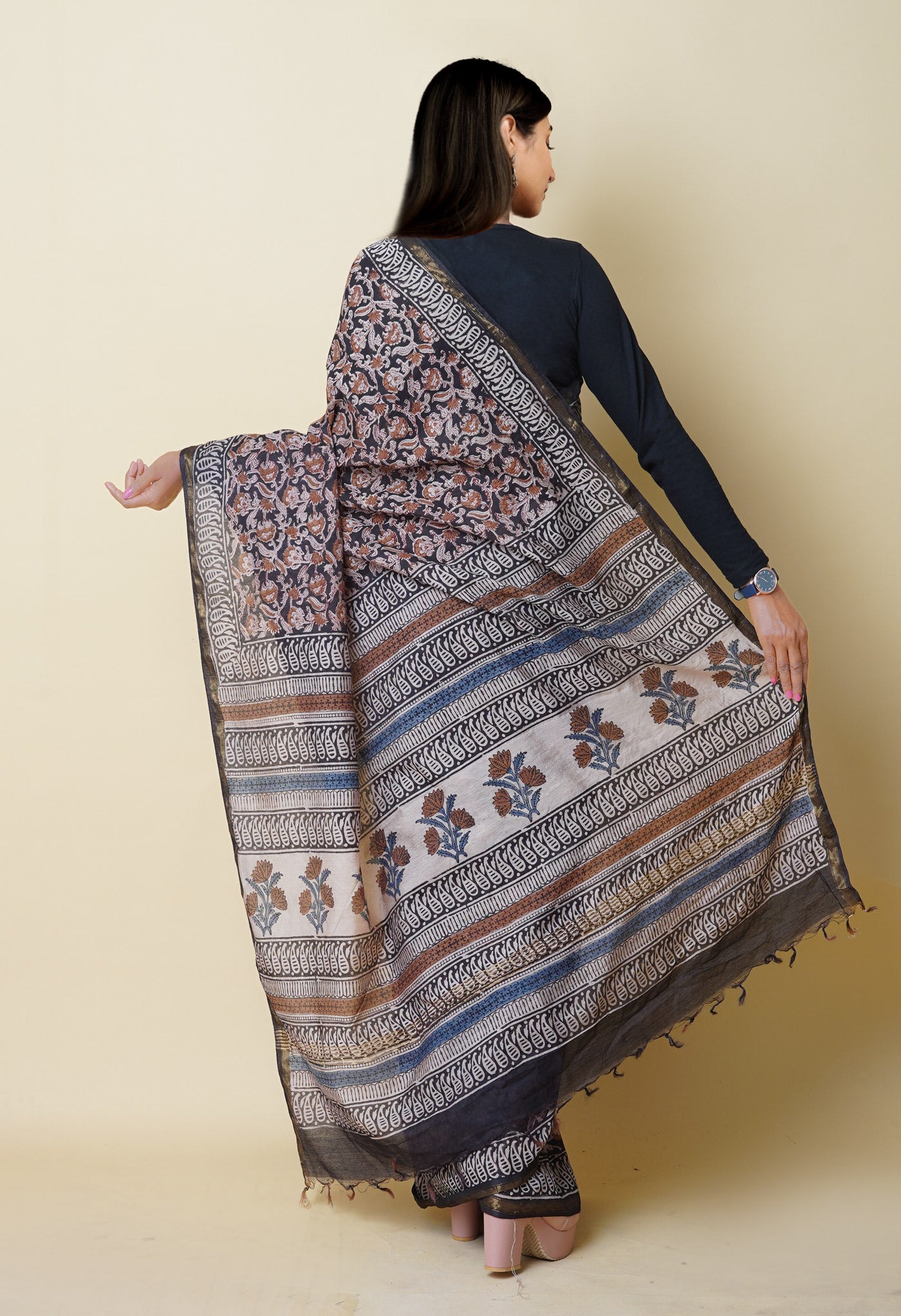 Black Pure Bagru Printed Pashmina Chanderi Sico Saree