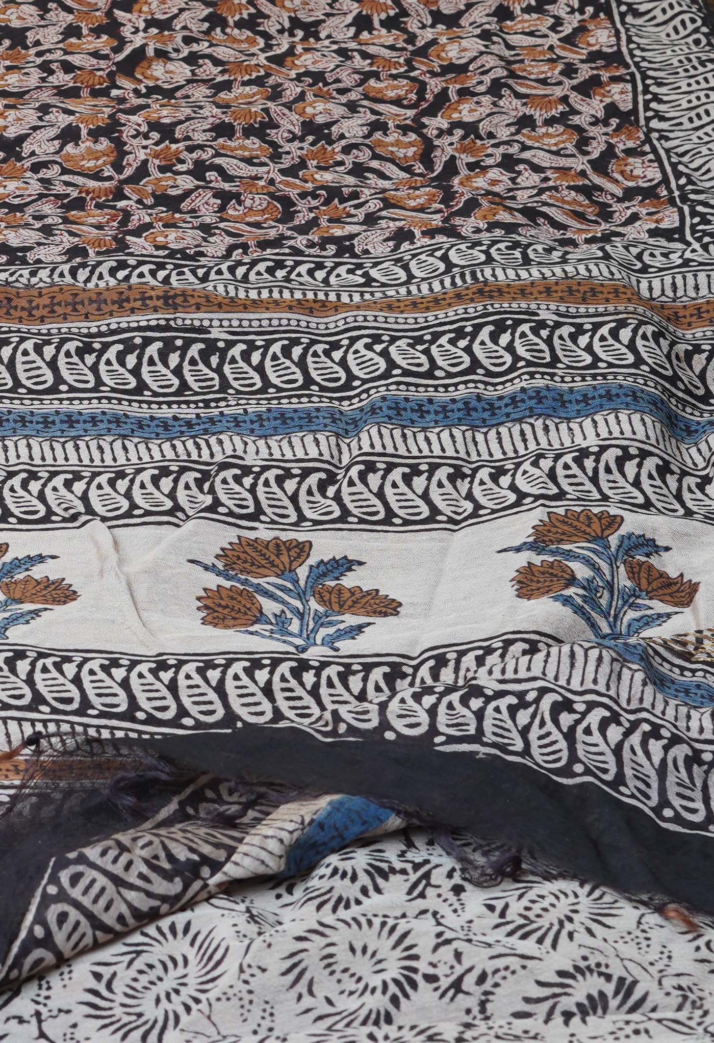 Black Pure Bagru Printed Pashmina Chanderi Sico Saree