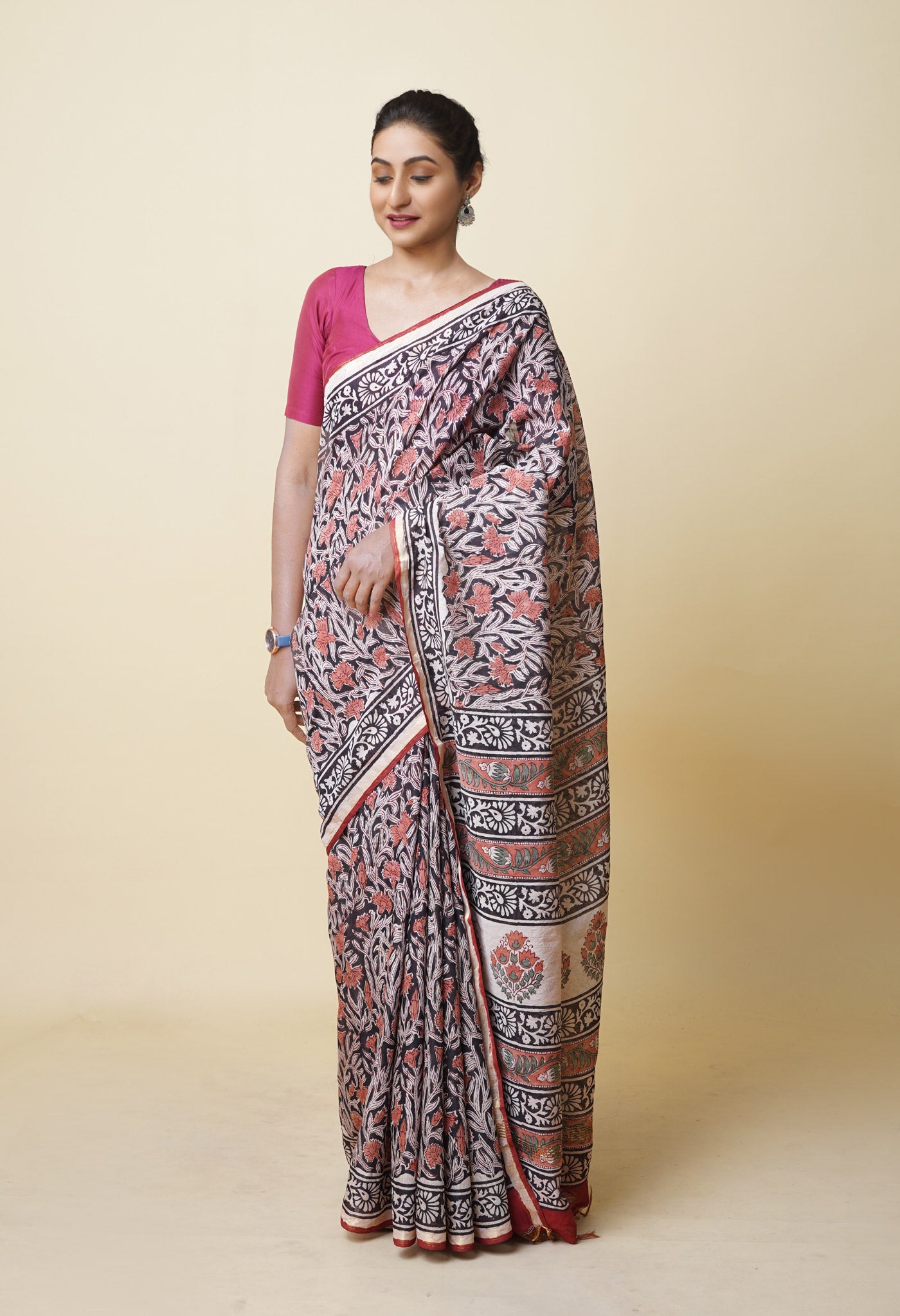 Black Pure Bagru Printed Pashmina Chanderi Sico Saree