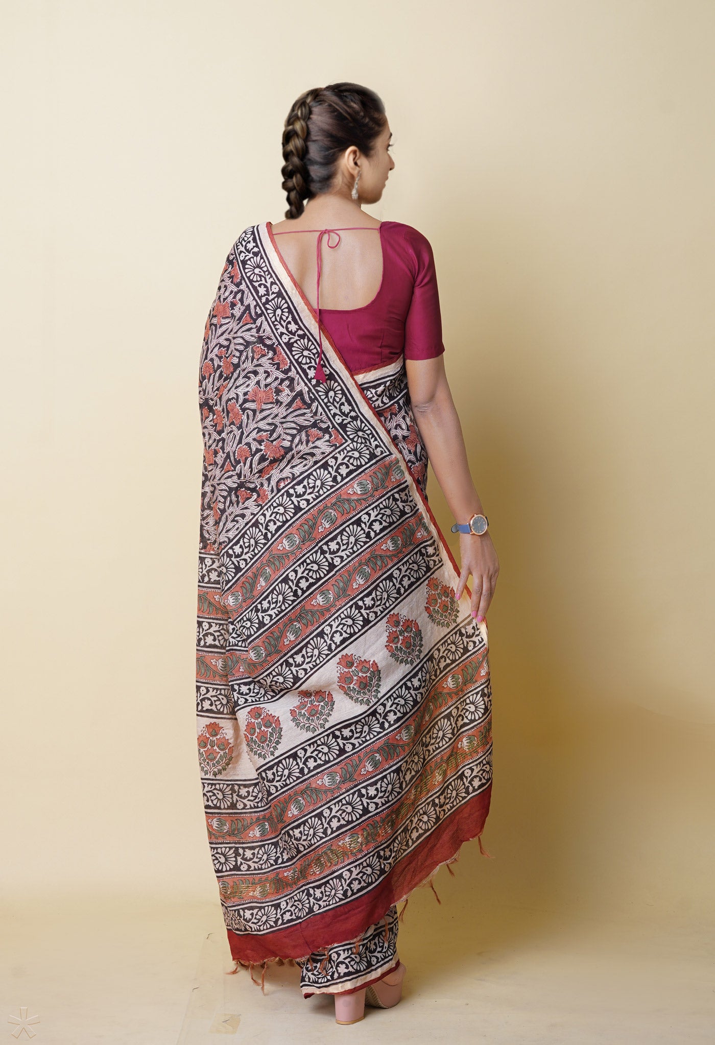 Black Pure Bagru Printed Pashmina Chanderi Sico Saree