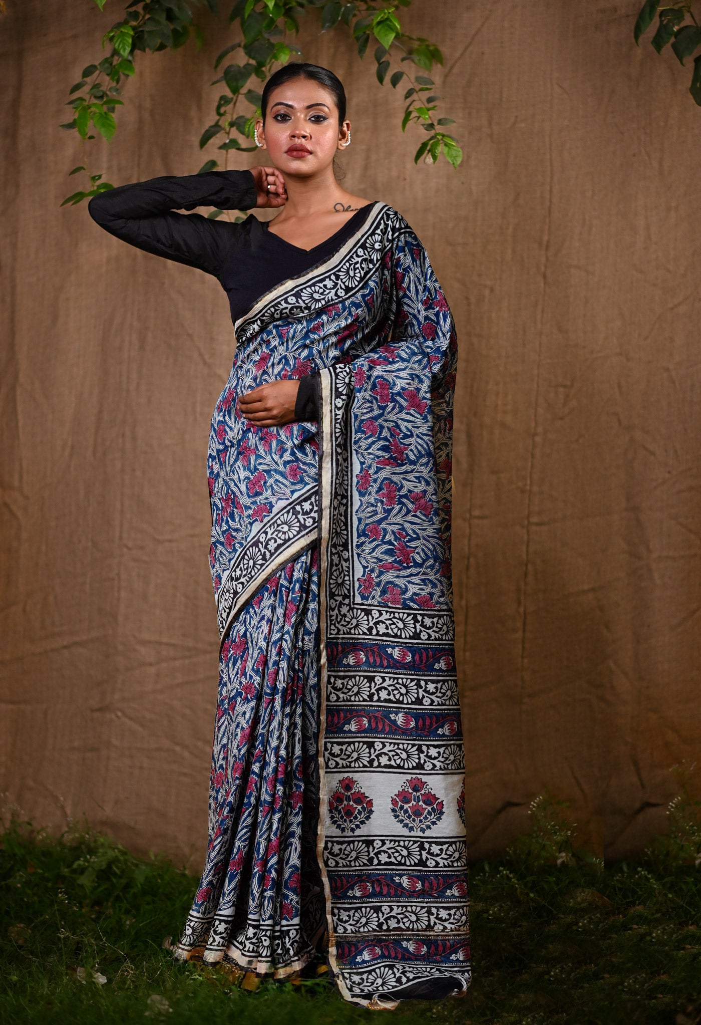 Black Pure Bagru Printed Pashmina Chanderi Sico Saree-UNM76175