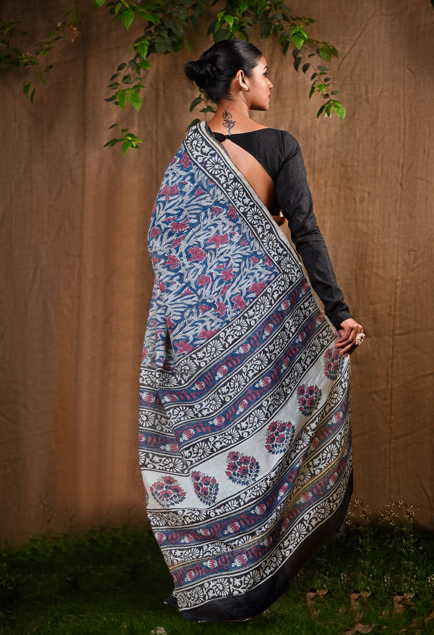 Black Pure Bagru Printed Pashmina Chanderi Sico Saree-UNM76175