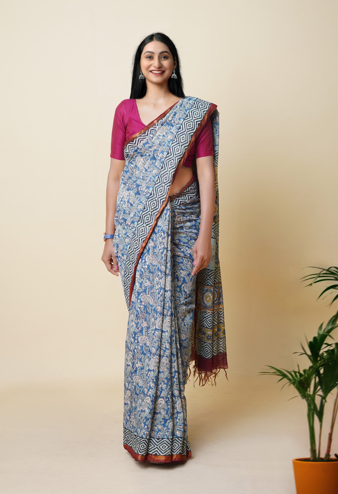 Blue Pure Discharge Bagru Printed Pashmina Chanderi Sico Saree