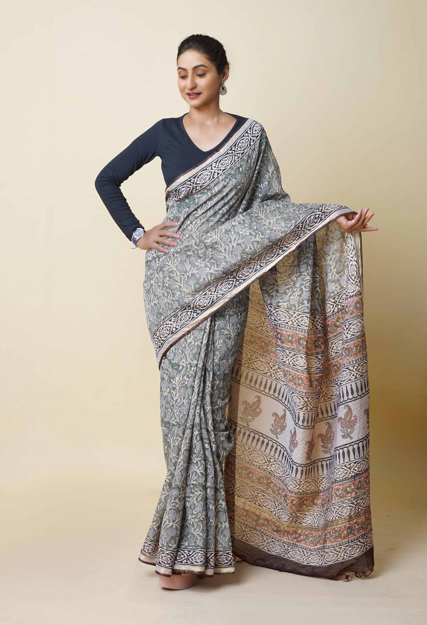 Green Pure Discharge Bagru Printed Pashmina Chanderi Sico Saree