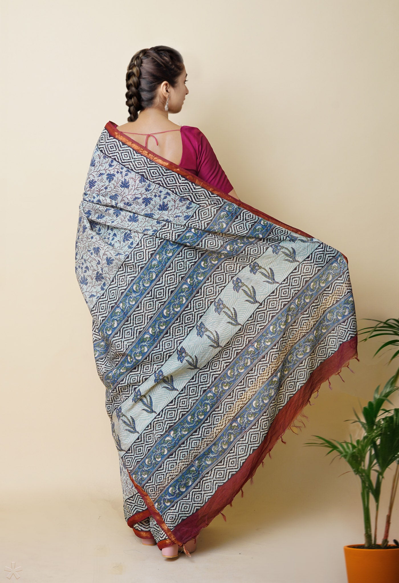 Blue Pure Discharge Bagru Printed Pashmina Chanderi Sico Saree