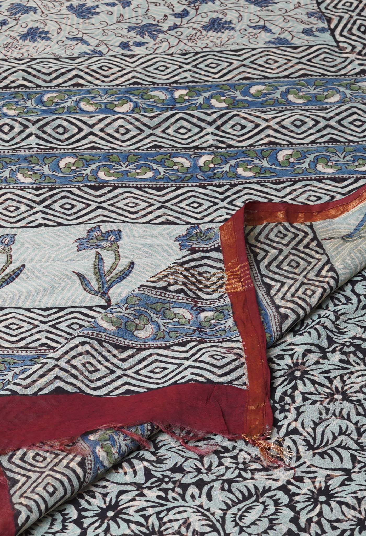 Blue Pure Discharge Bagru Printed Pashmina Chanderi Sico Saree