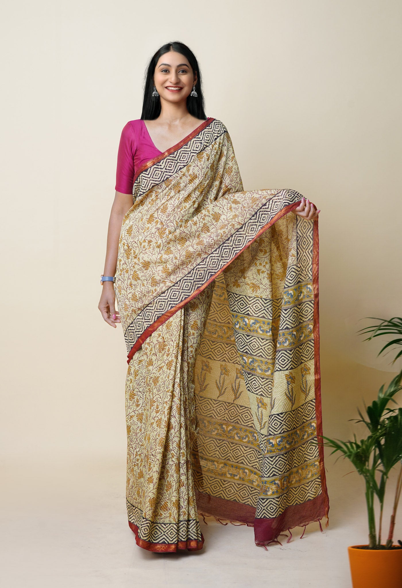 Green Pure Discharge Bagru Printed Pashmina Chanderi Sico Saree