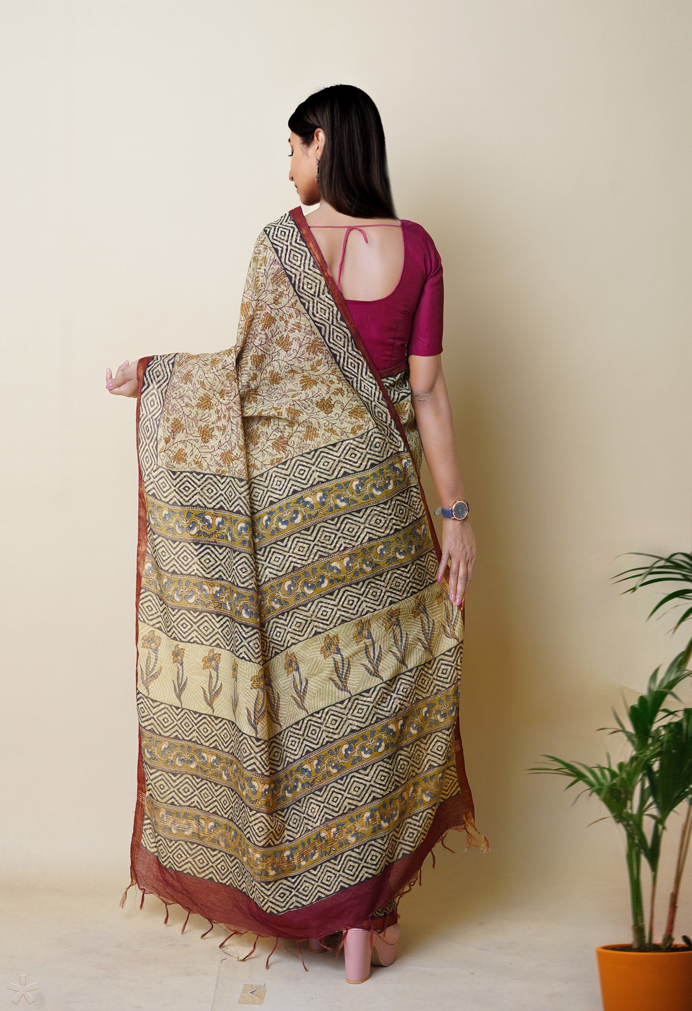 Green Pure Discharge Bagru Printed Pashmina Chanderi Sico Saree