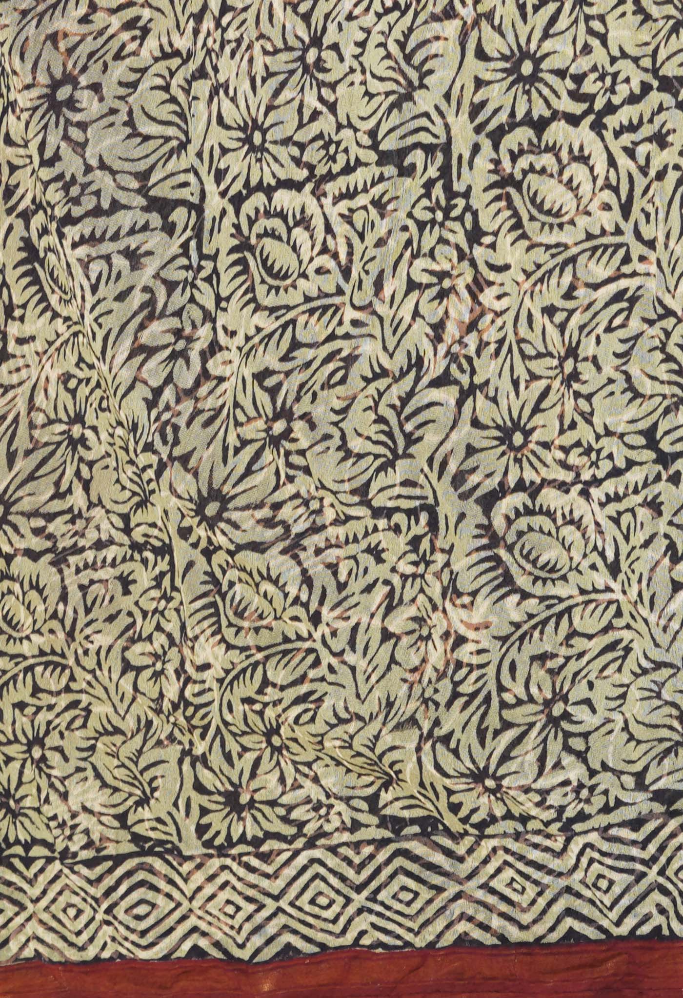Green Pure Discharge Bagru Printed Pashmina Chanderi Sico Saree