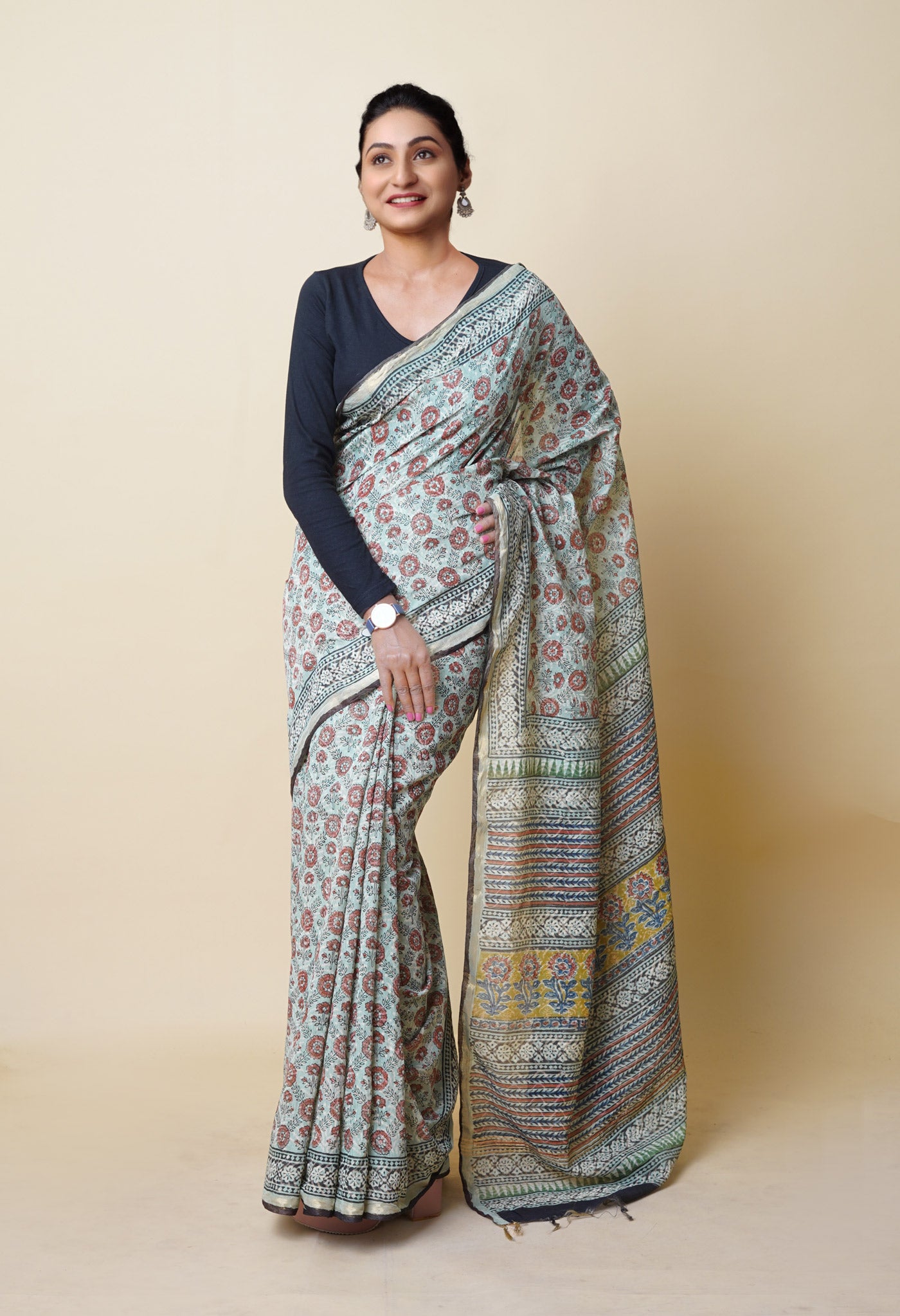Blue Pure Discharge Bagru Printed Pashmina Chanderi Sico Saree