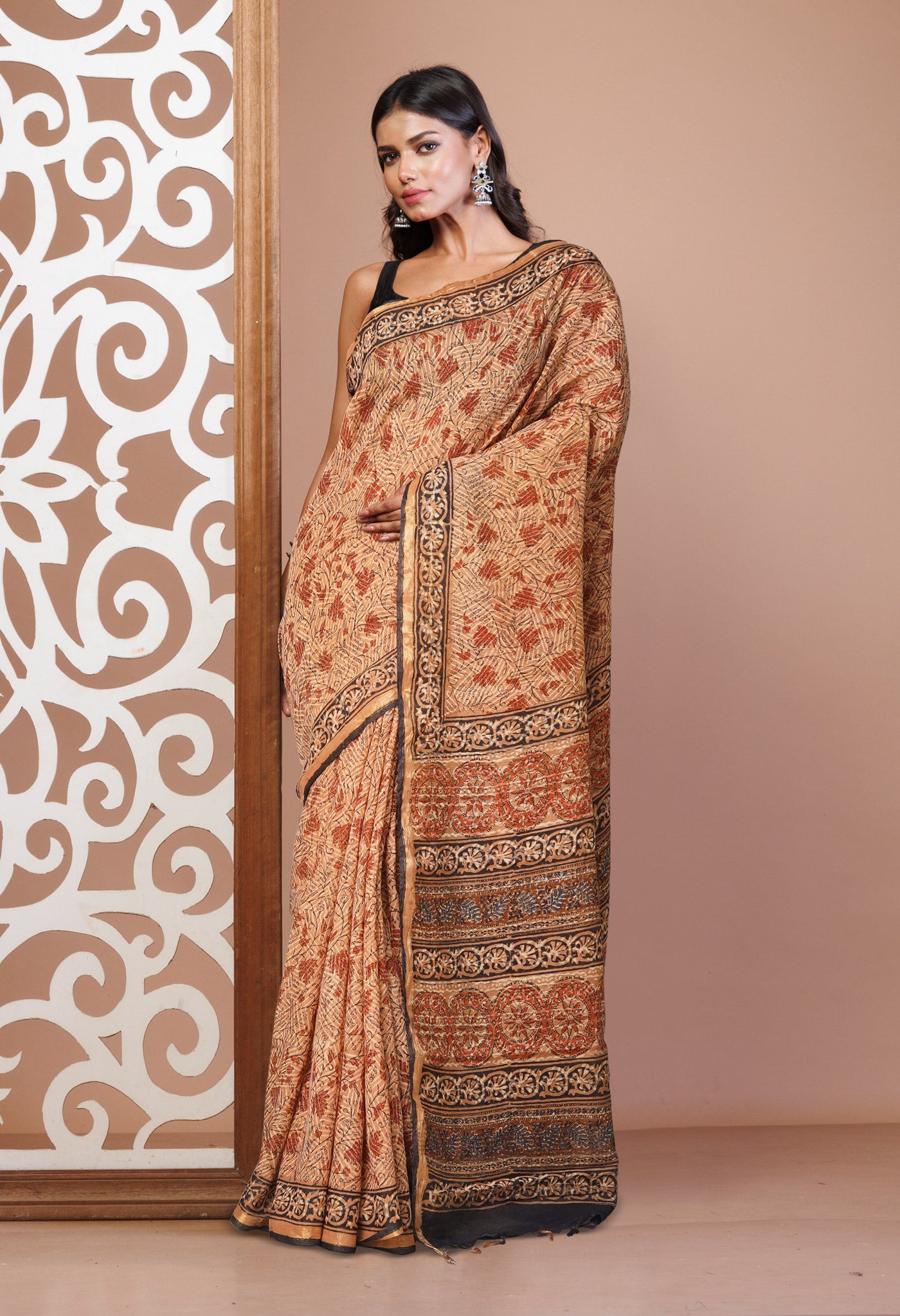 Brown Pure Discharge Bagru Printed Pashmina Chanderi Sico Saree-UNM76219
