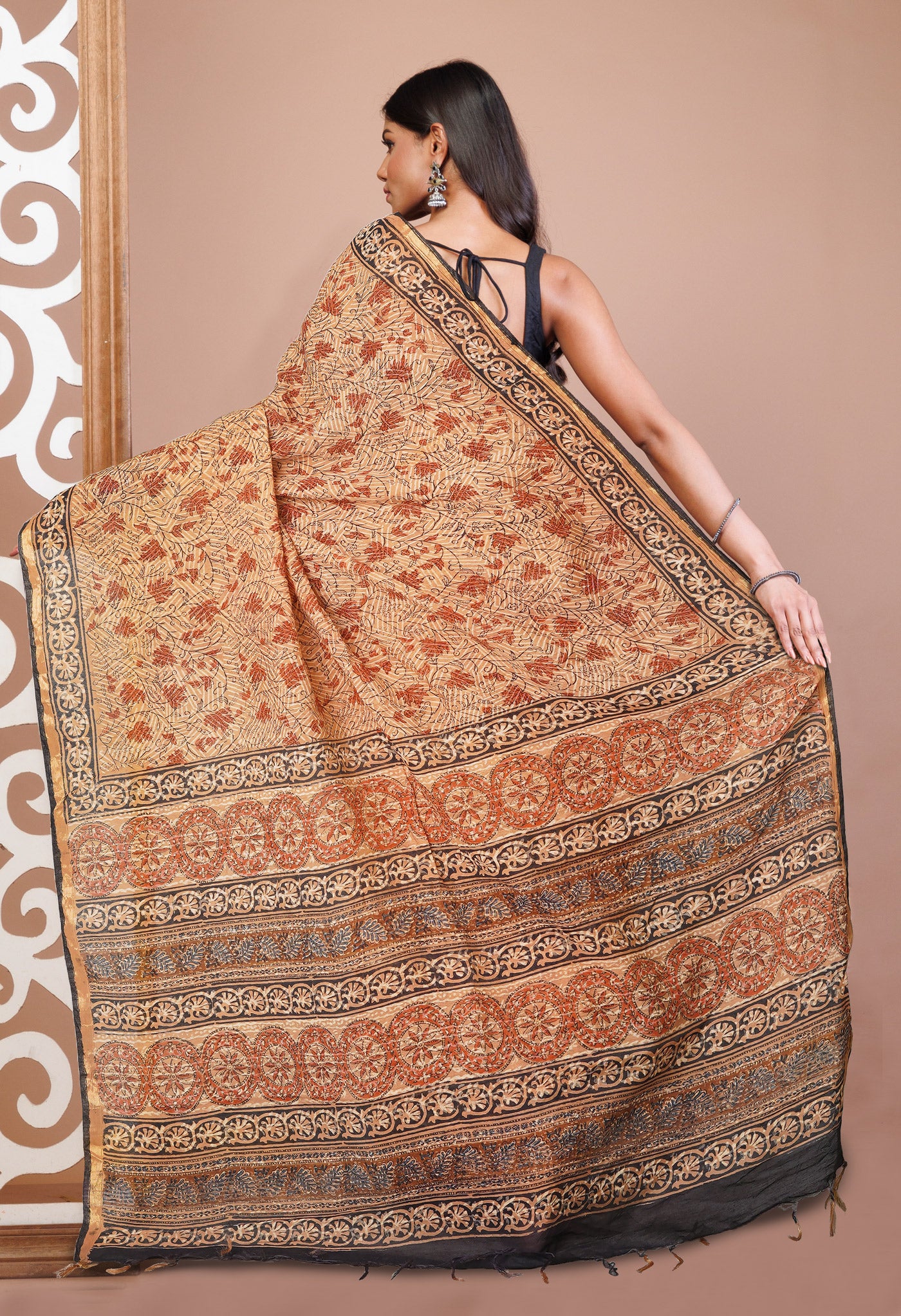 Brown Pure Discharge Bagru Printed Pashmina Chanderi Sico Saree-UNM76219