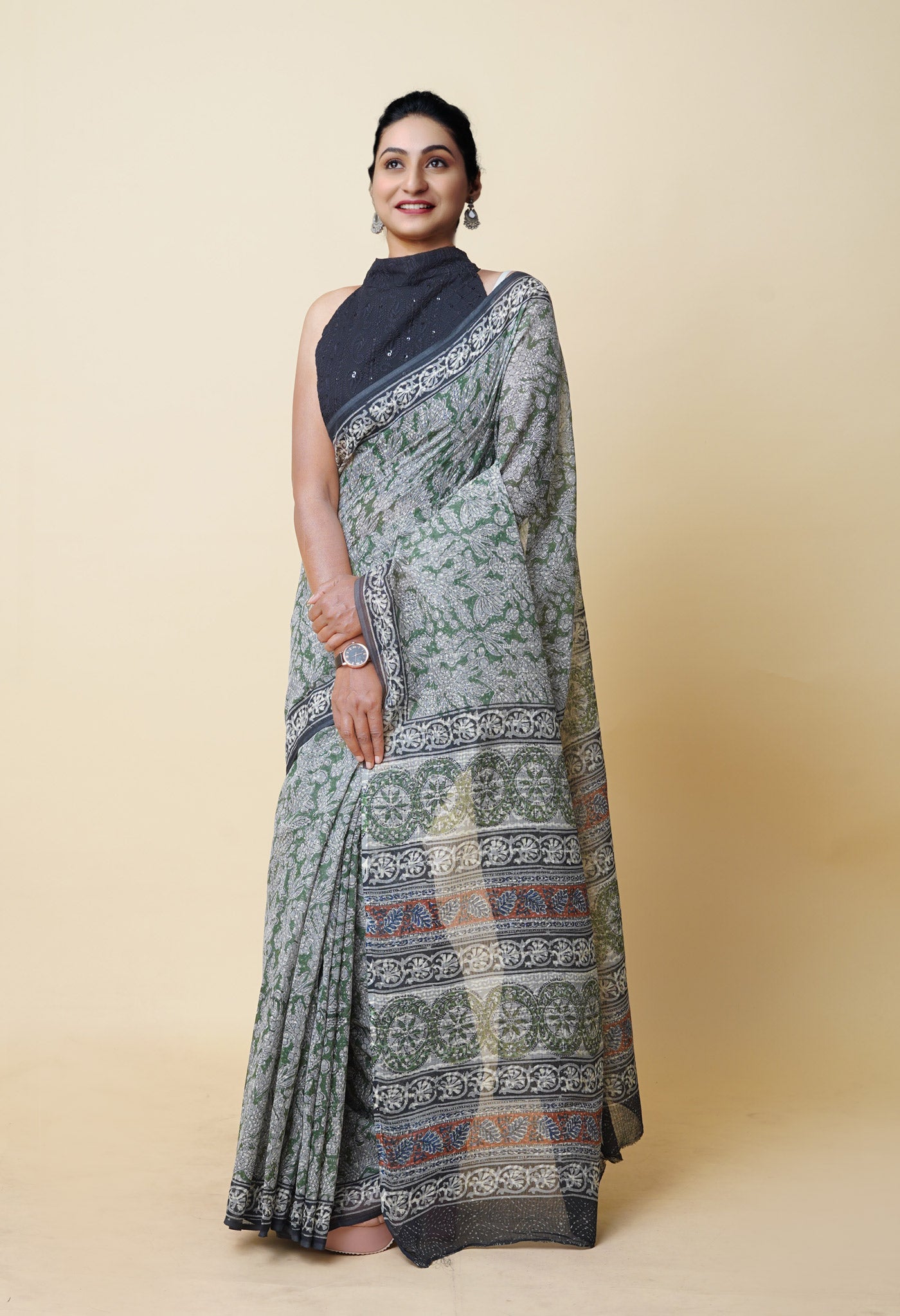 Green Pure Discharge Bagru Printed Pashmina Chanderi Sico Saree