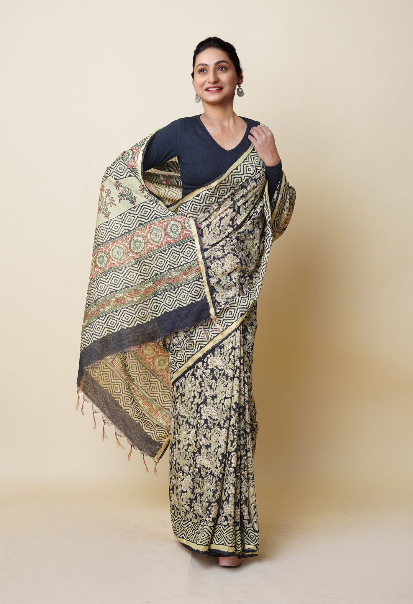 Black Pure Discharge Bagru Printed Pashmina Chanderi Sico Saree