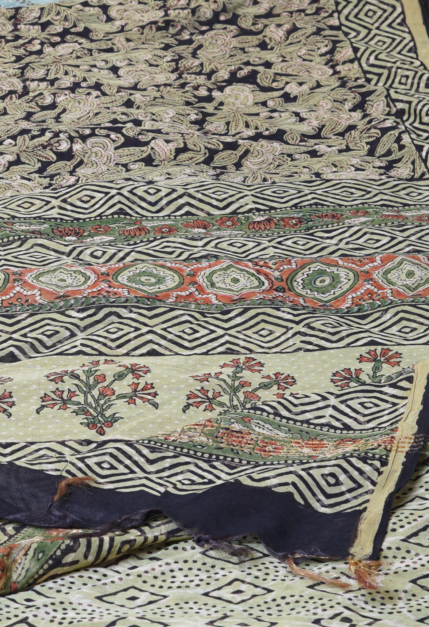 Black Pure Discharge Bagru Printed Pashmina Chanderi Sico Saree