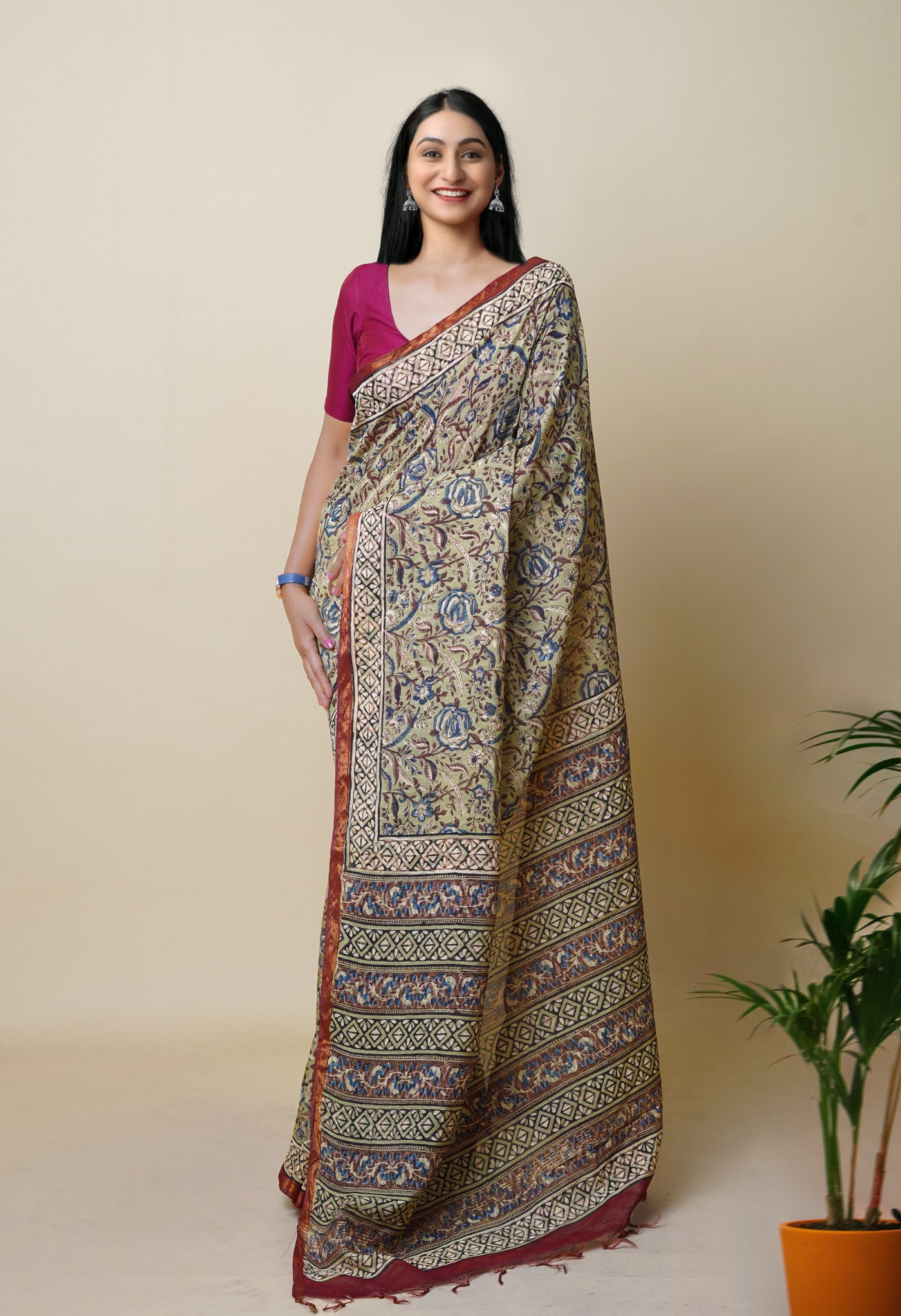 Green Pure Discharge Bagru Printed Pashmina Chanderi Sico Saree