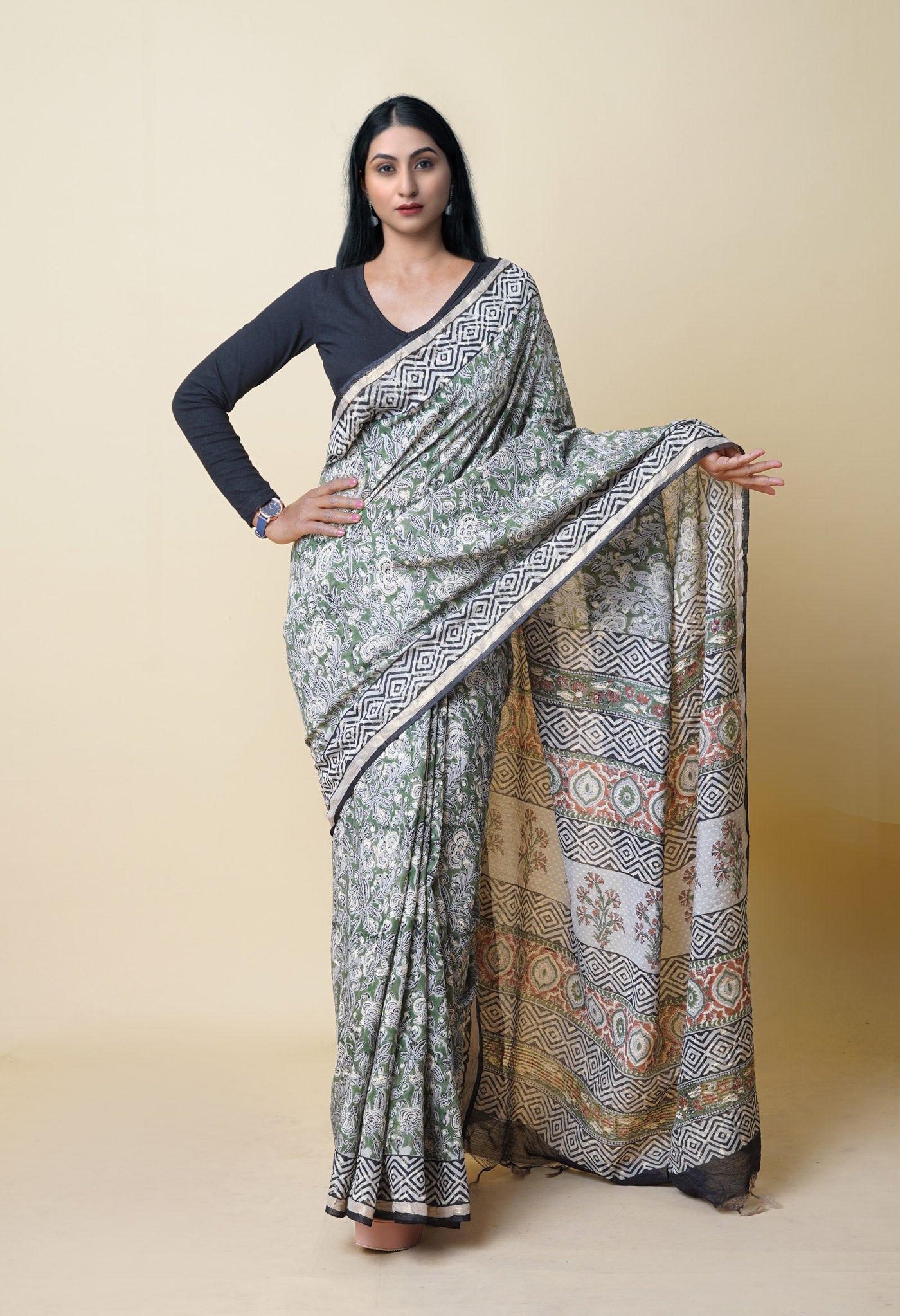 Green Pure Discharge Bagru Printed Pashmina Chanderi Sico Saree