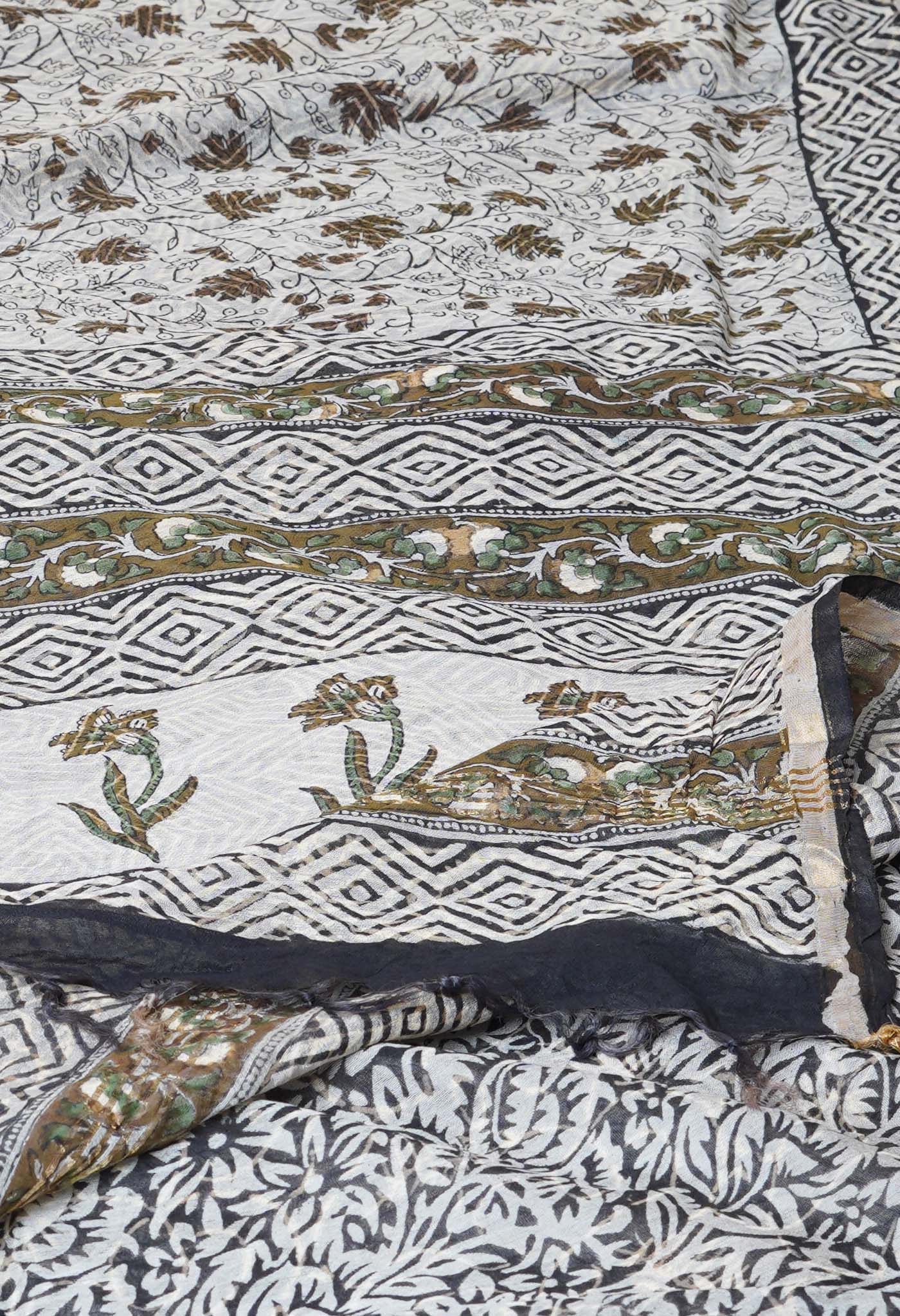 Ivory Pure Discharge Bagru Printed Pashmina Chanderi Sico Saree