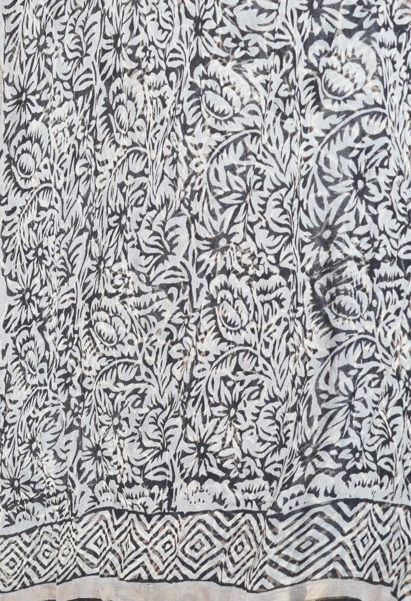 Ivory Pure Discharge Bagru Printed Pashmina Chanderi Sico Saree