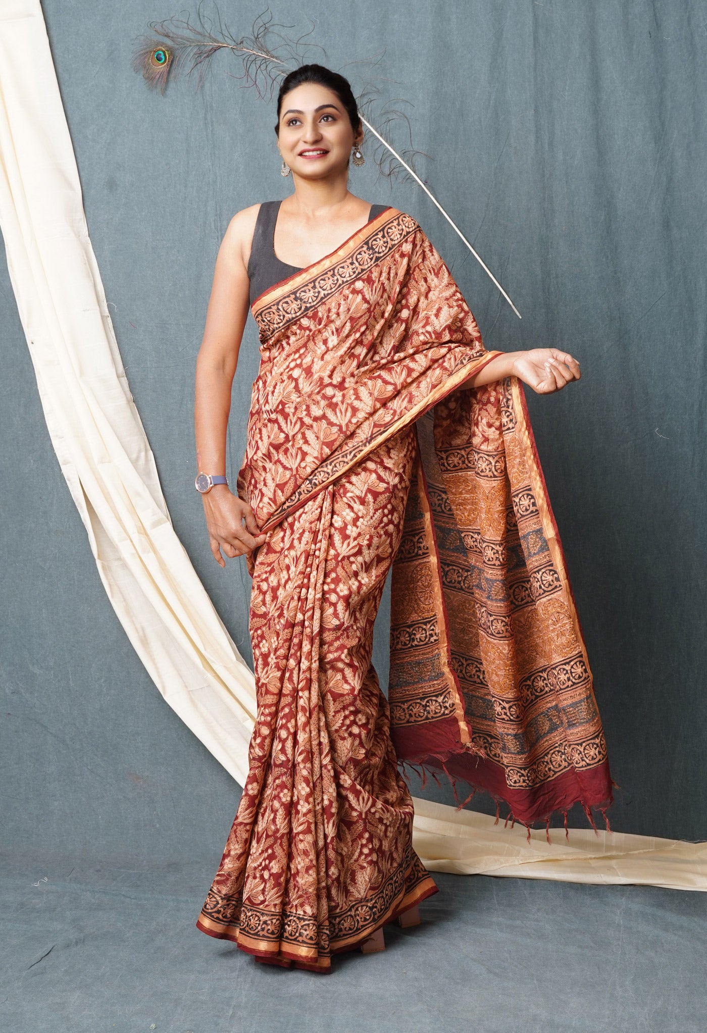 Red Pure Discharge Bagru Printed Pashmina Chanderi Sico Saree