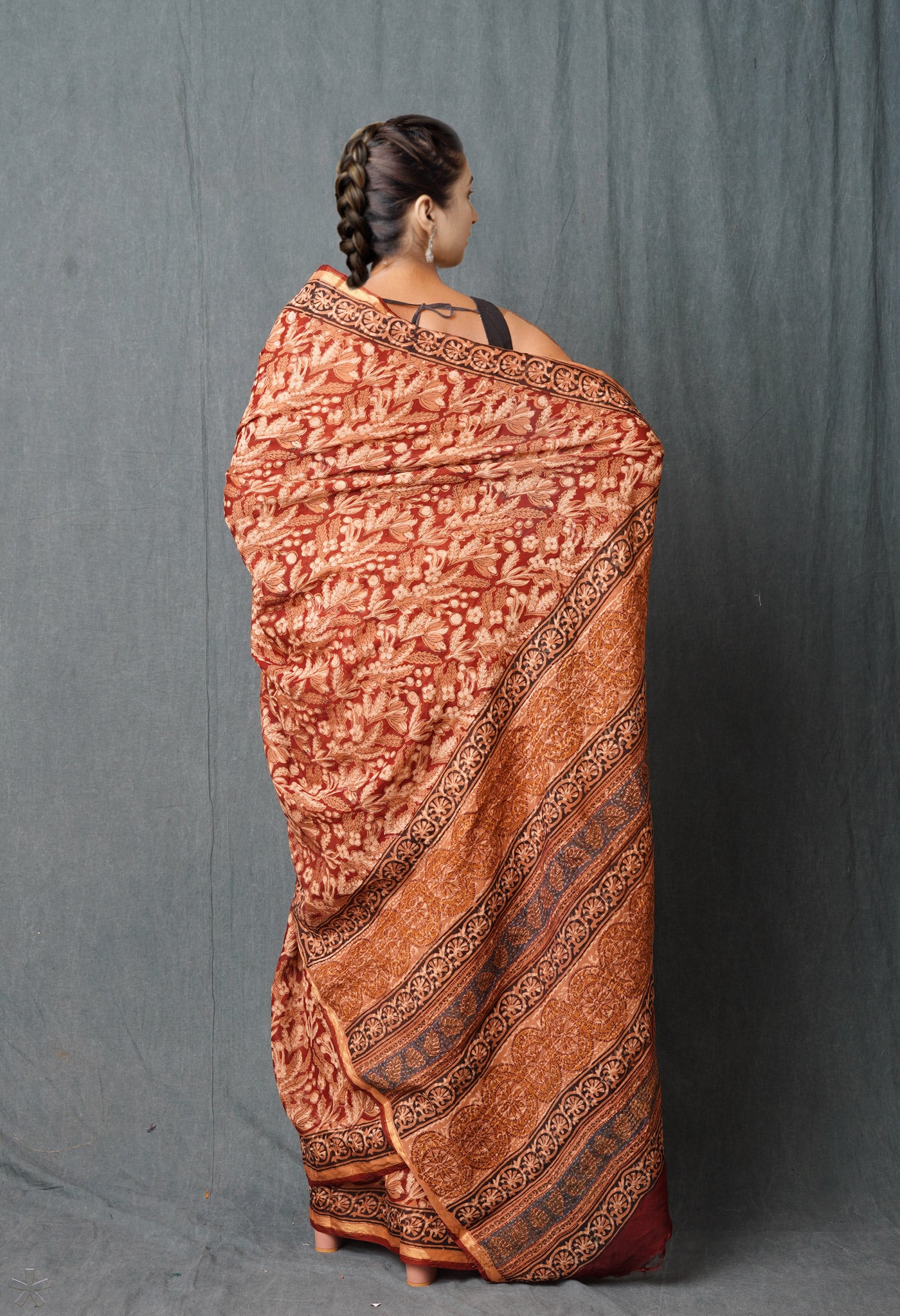 Red Pure Discharge Bagru Printed Pashmina Chanderi Sico Saree