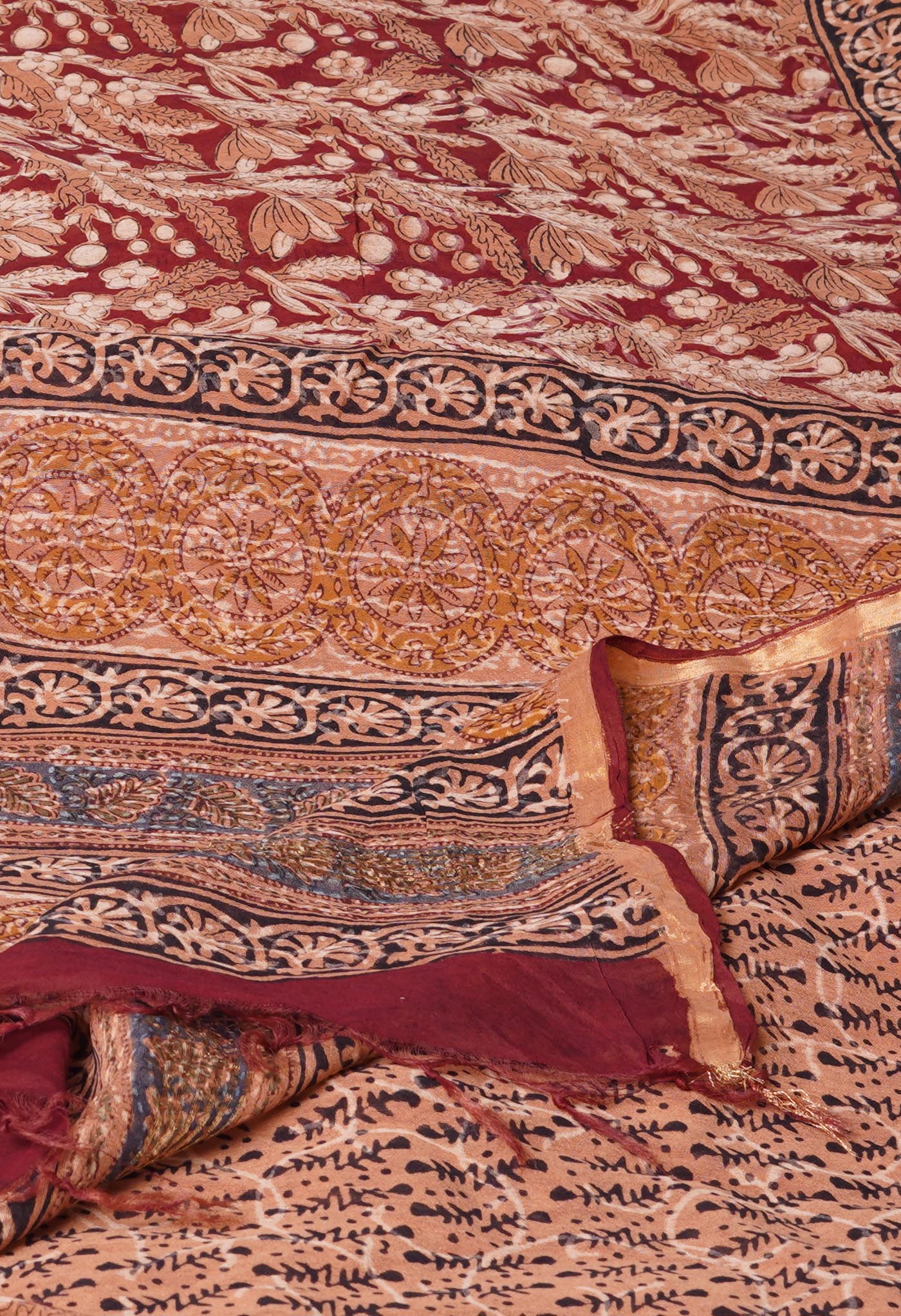 Red Pure Discharge Bagru Printed Pashmina Chanderi Sico Saree