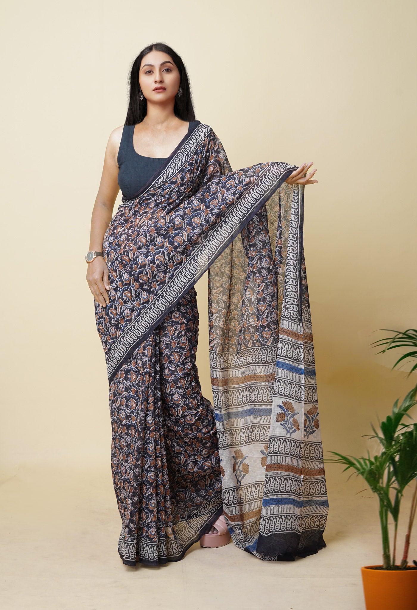 Black Pure Bagru Printed Kota Saree