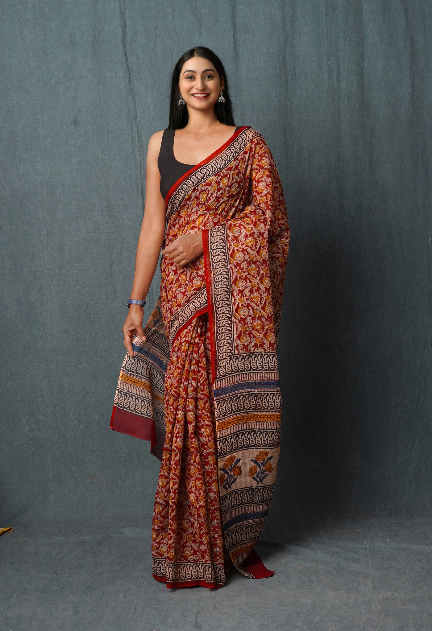 Red Pure Bagru Printed Kota Saree