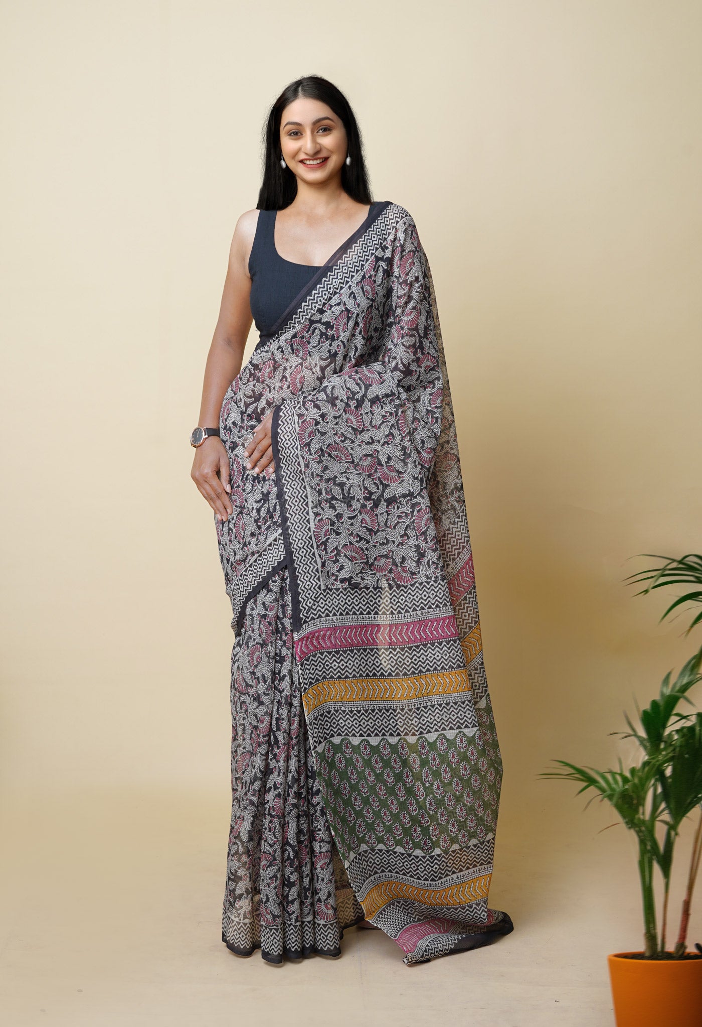 Black Pure Bagru Printed Kota Saree