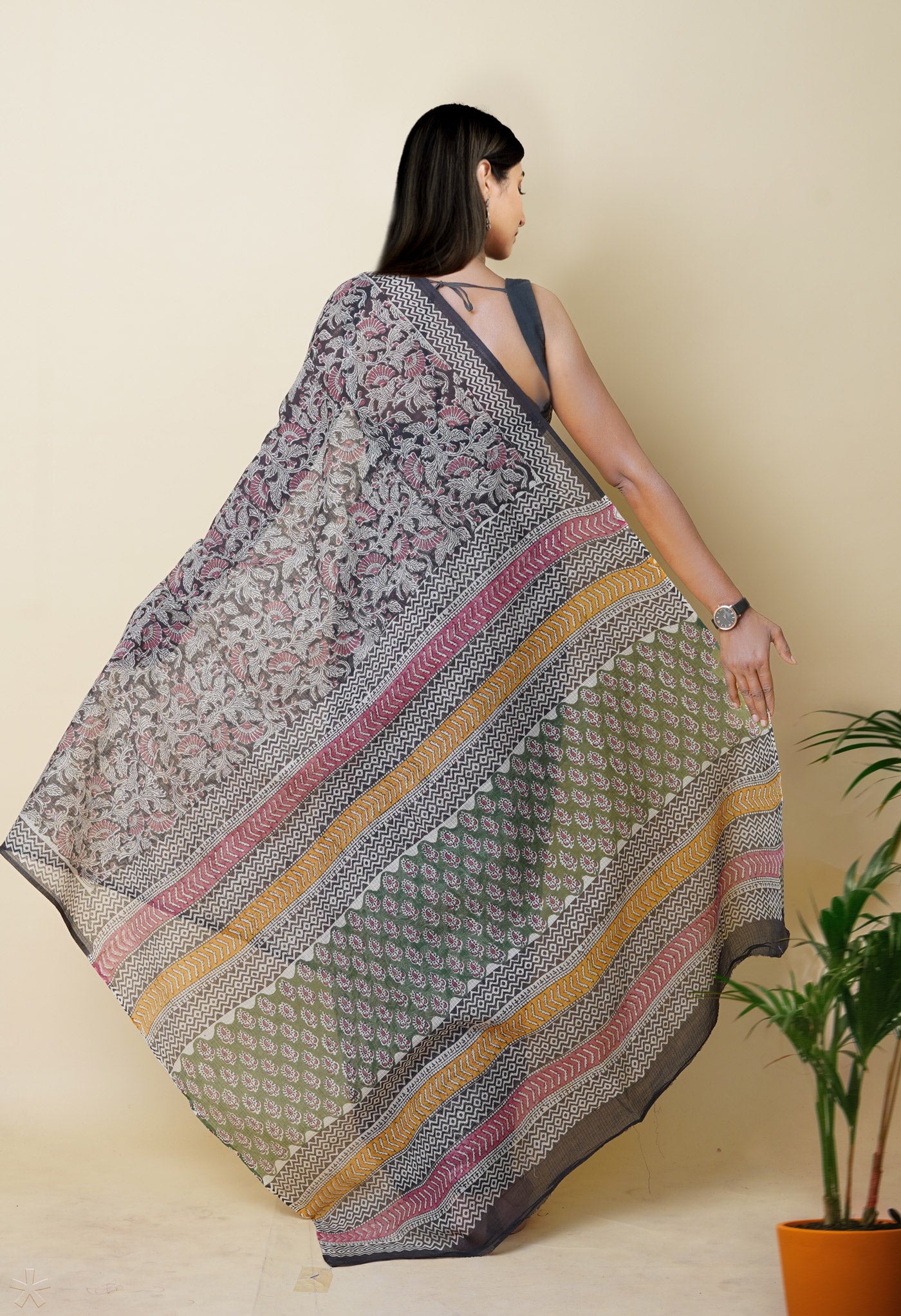 Black Pure Bagru Printed Kota Saree