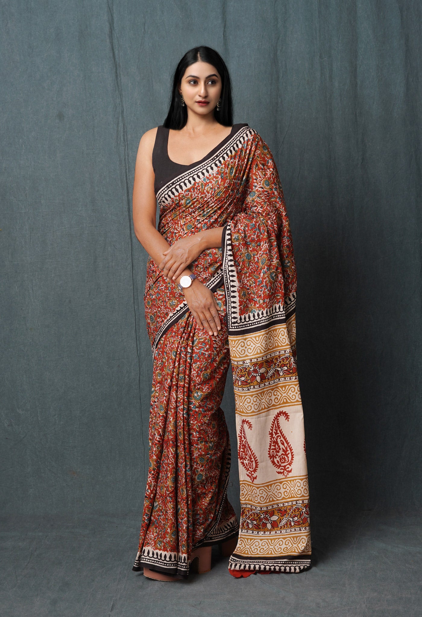 Red Pure  Kalamkari Printed Superfine Mulmul Cotton Saree
