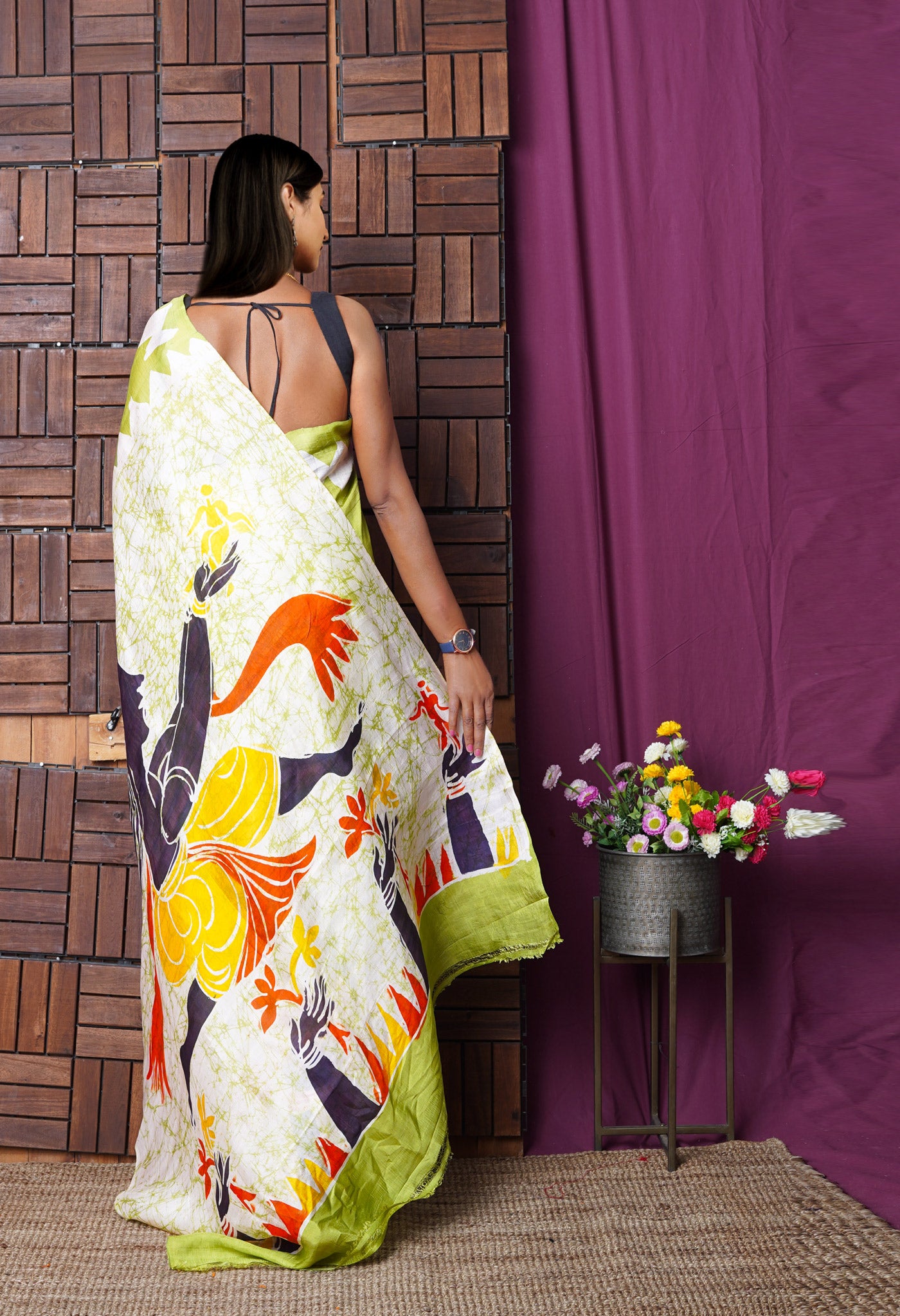 Green Pure Handloom Wax Batik Printed Murshidabad Silk Saree