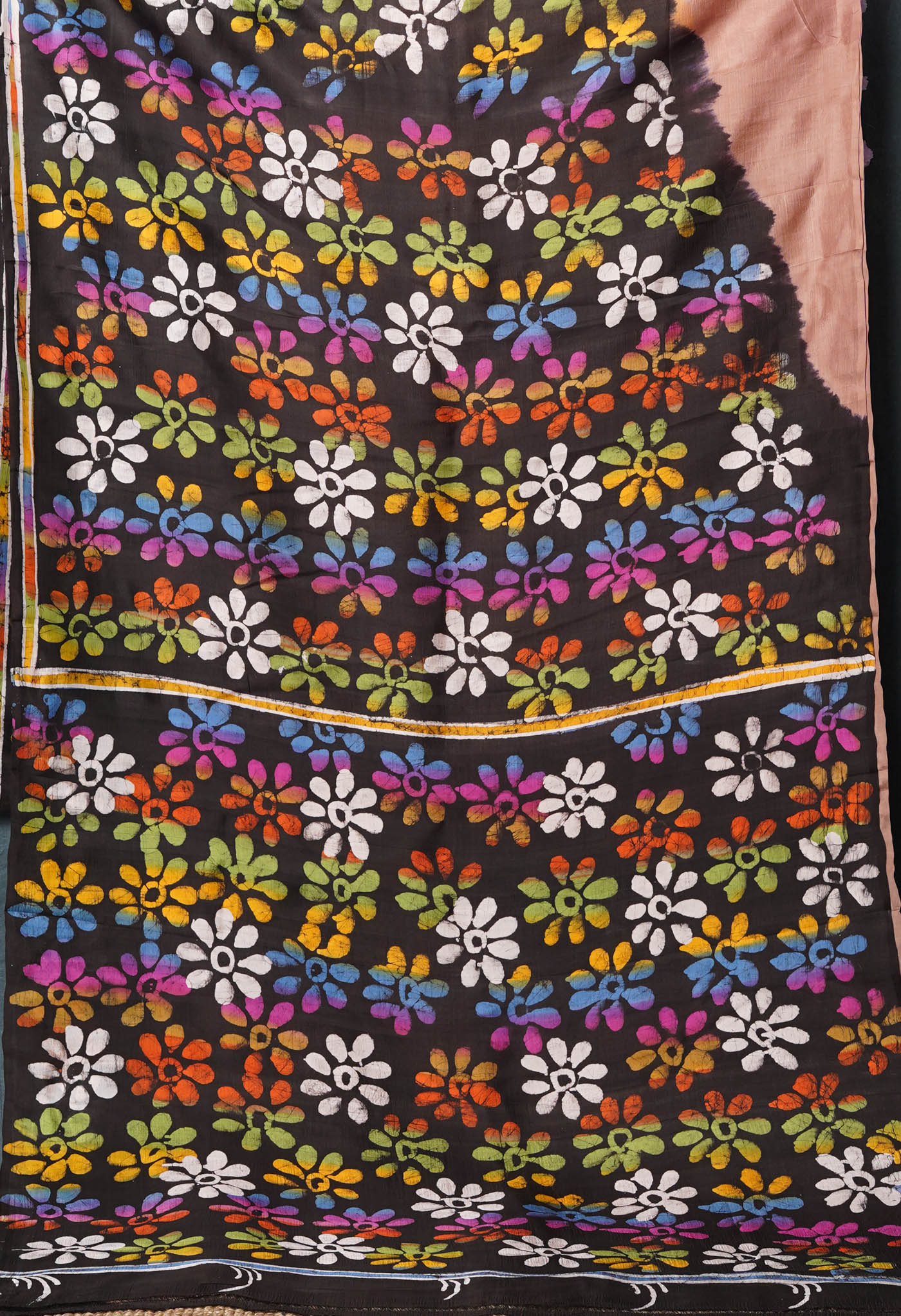 Black Pure Handloom Wax Batik Printed Murshidabad Silk Saree