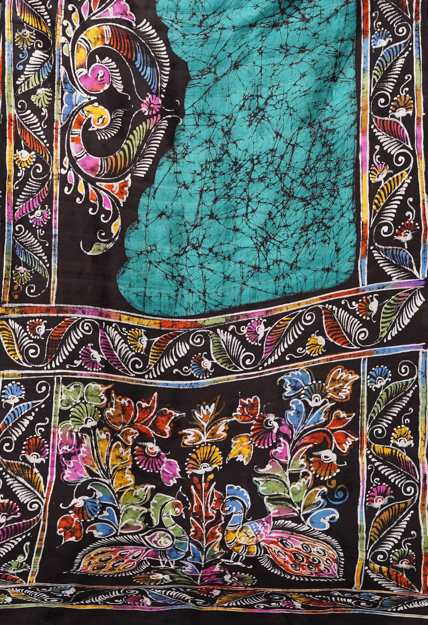 Sea Green Pure Handloom Wax Batik Printed Murshidabad Silk Saree