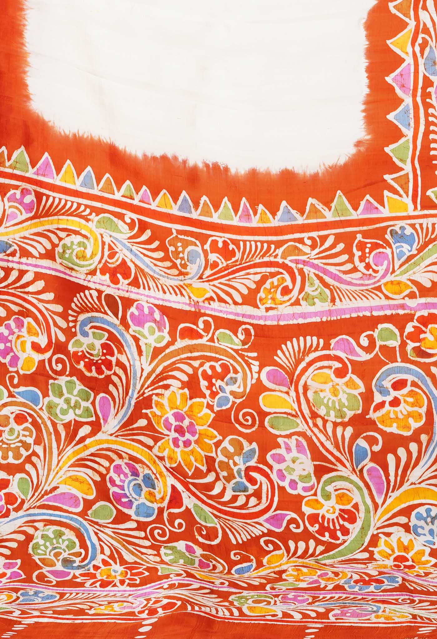 White Pure Handloom Wax Batik Printed Murshidabad Silk Saree