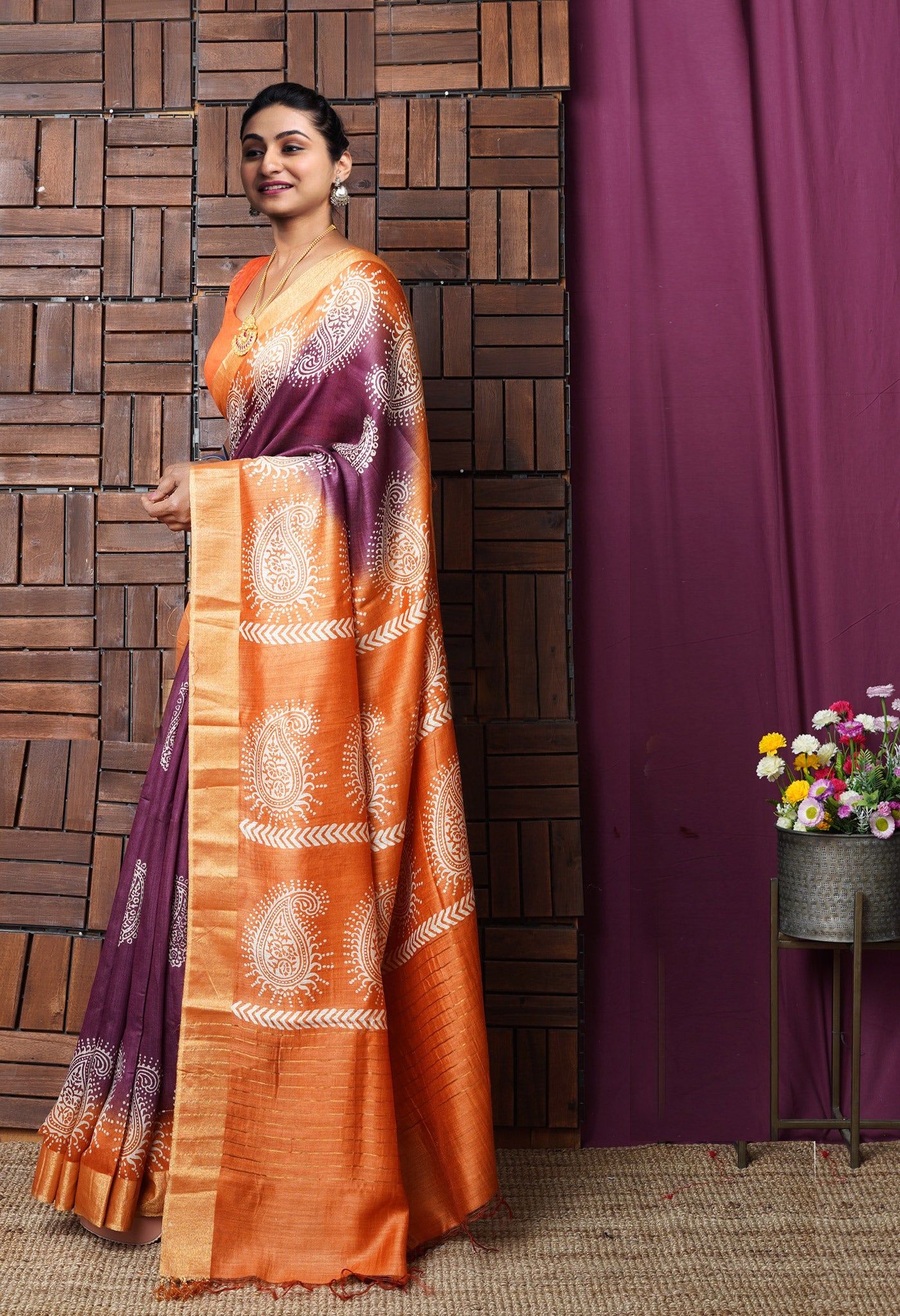 Purple Pure  Block Printed Pashmina Silk Saree