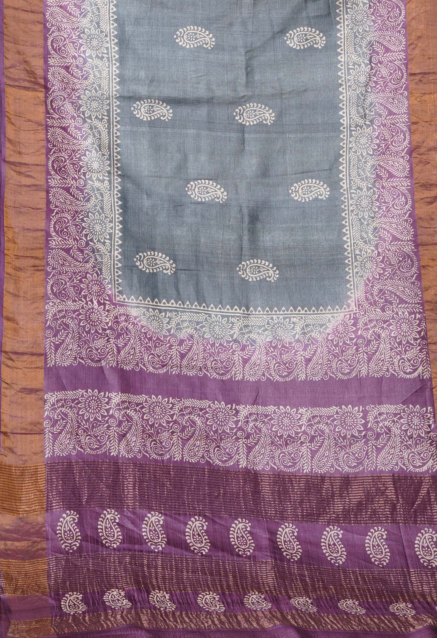 Dark Grey Pure Handloom Block Printed Bengal Tussar Silk Saree