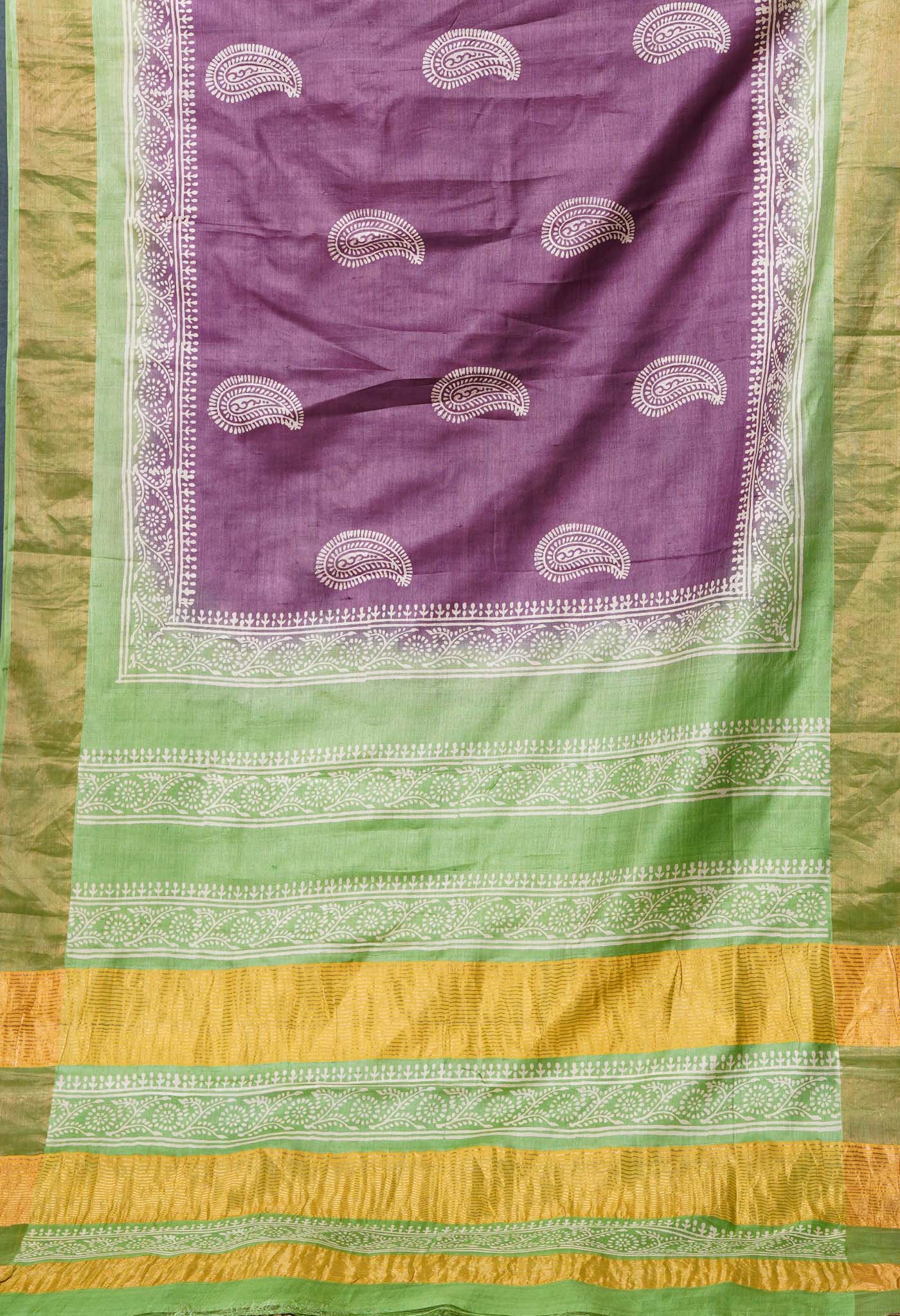 Purple Pure Handloom Block Printed Bengal Tussar Silk Saree