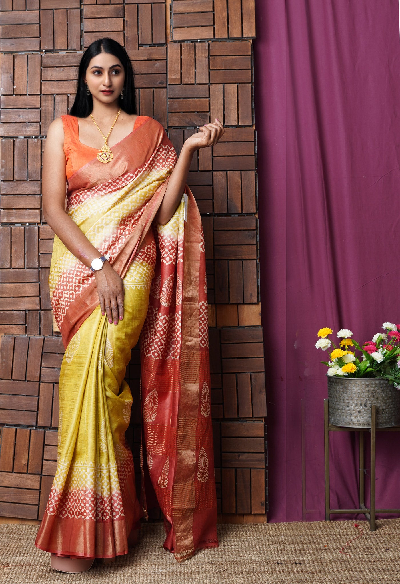 Yellow Pure Handloom Block Printed Bengal Tussar Silk Saree
