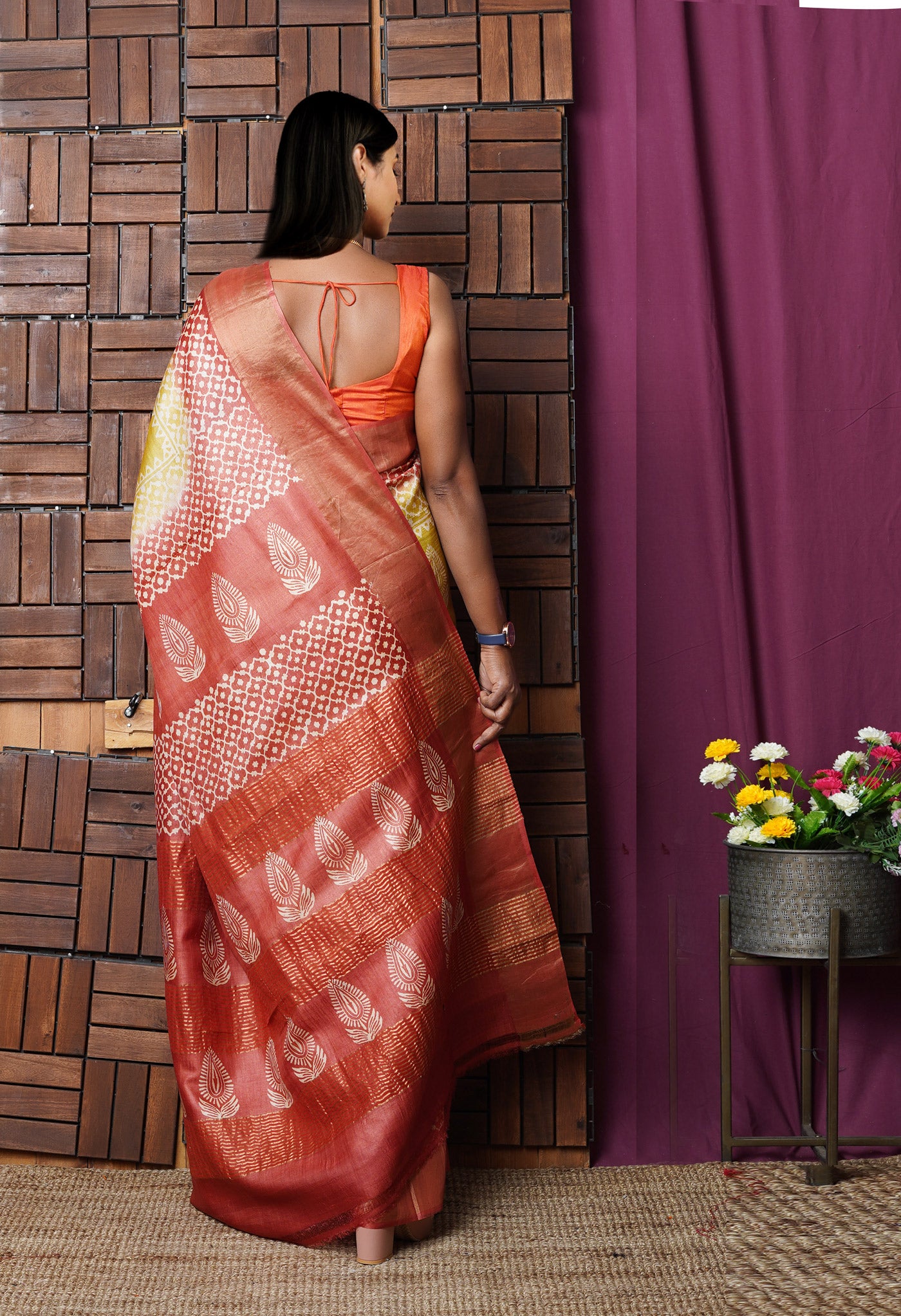 Yellow Pure Handloom Block Printed Bengal Tussar Silk Saree